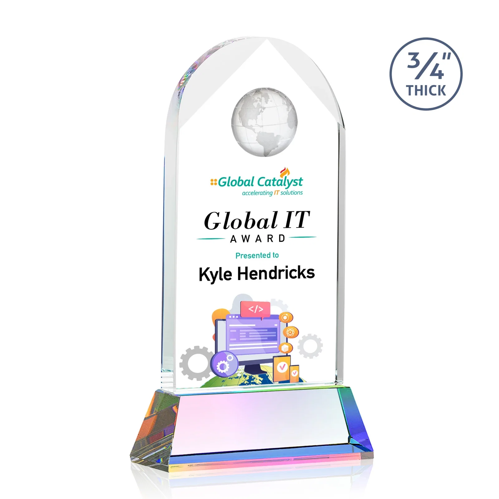 Customized Starfire Crystal Arch Award Topped With an Optical Crystal Globe for dealer and partner awards