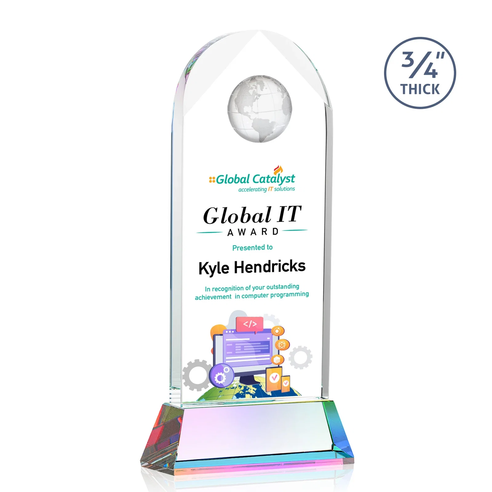 Customized Starfire Crystal Arch Award Topped With an Optical Crystal Globe for company anniversary events