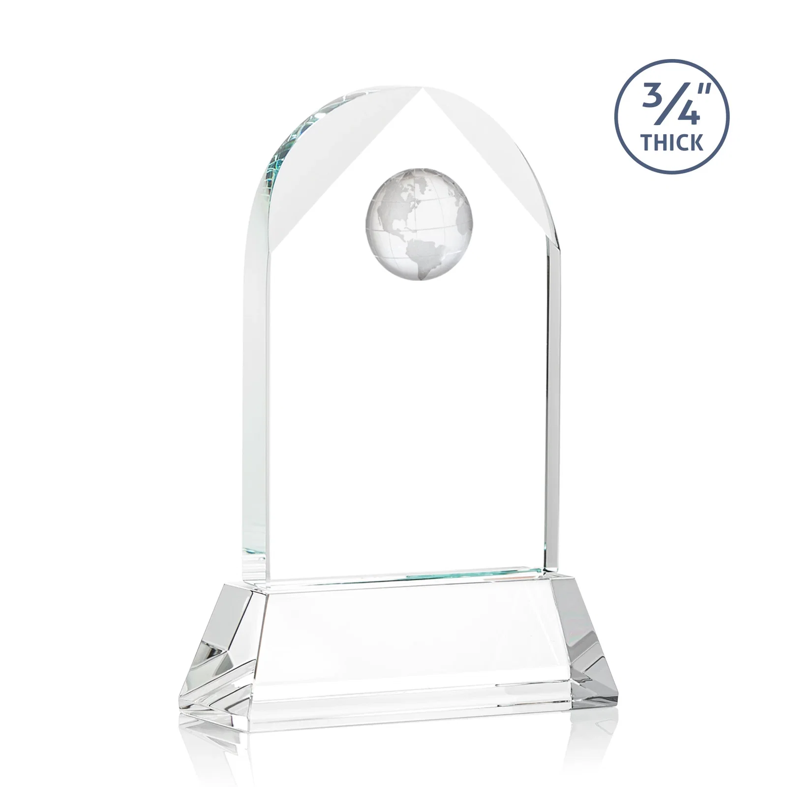 Custom engraved Starfire Crystal Arch Award Topped With an Optical Crystal Globe for corporate award ceremonies