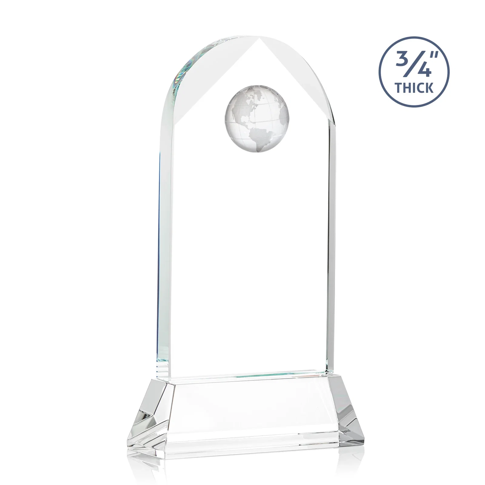 Custom engraved Starfire Crystal Arch Award Topped With an Optical Crystal Globe for service anniversary gifts