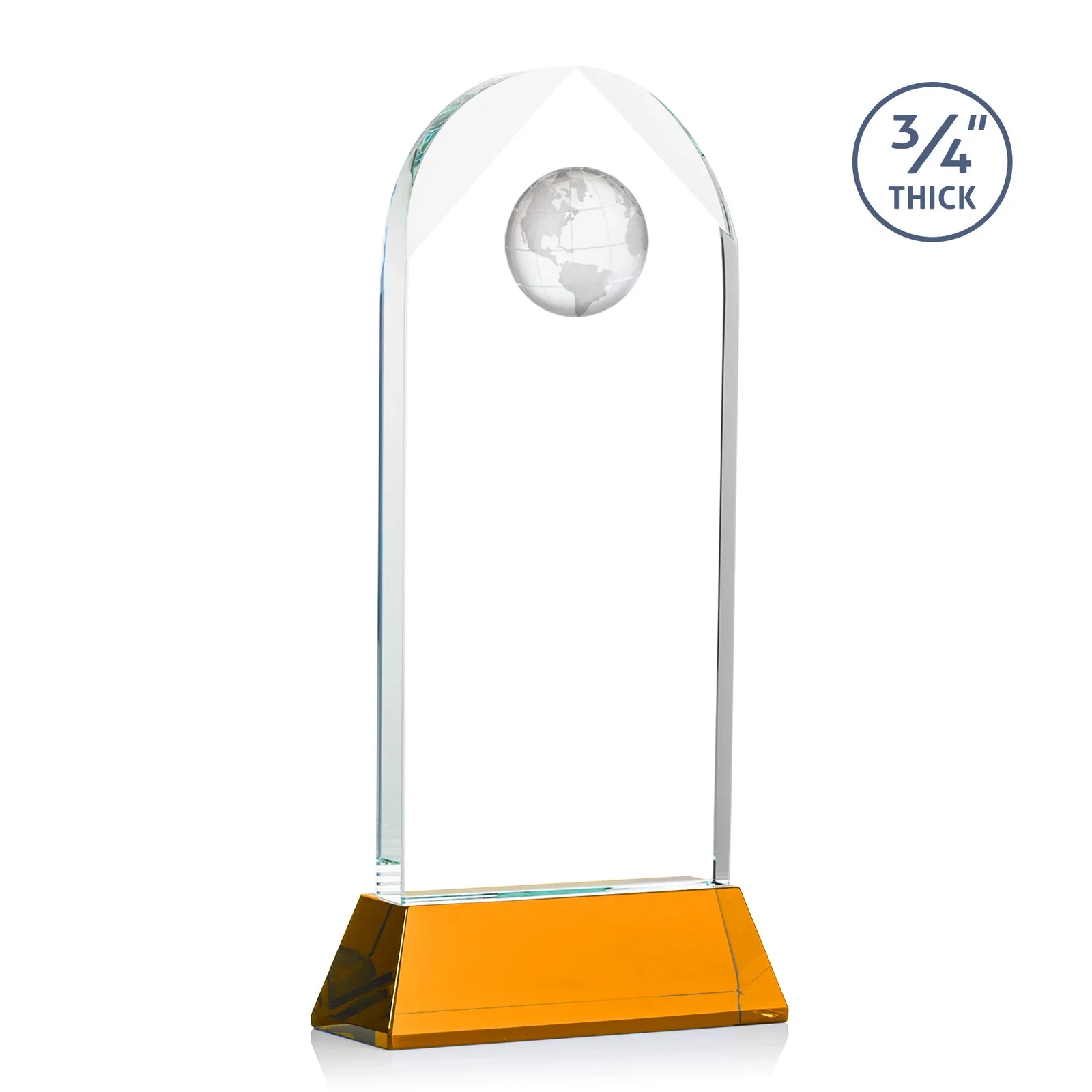 Custom engraved Starfire Crystal Arch Award Topped With an Optical Crystal Globe for sales achievement awards