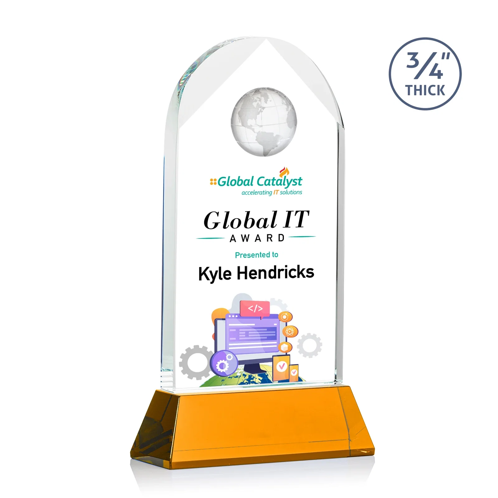 Custom Starfire Crystal Arch Award Topped With an Optical Crystal Globe for graduation ceremonies