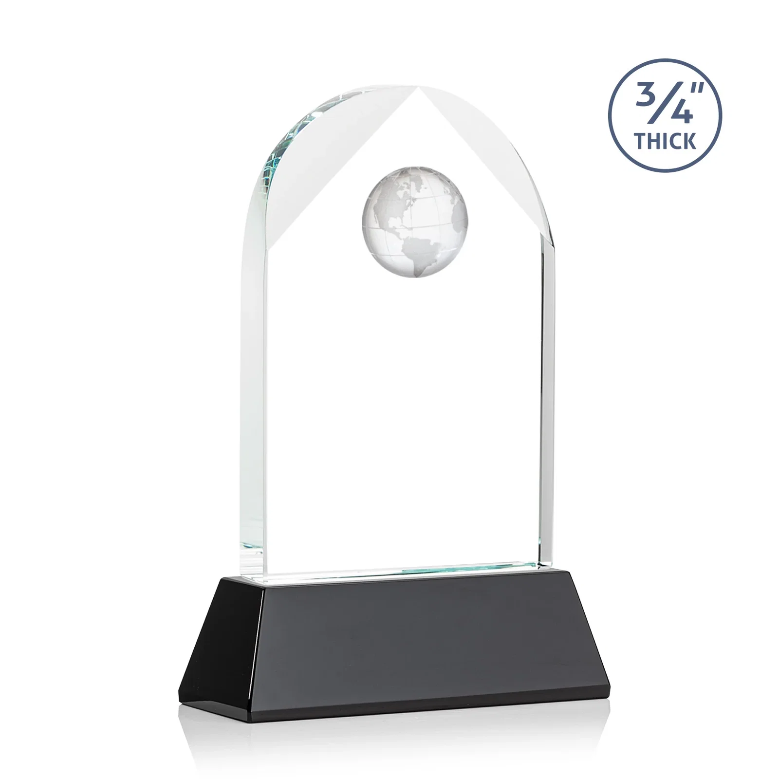 Custom engraved Starfire Crystal Arch Award Topped With an Optical Crystal Globe for dealer and partner awards