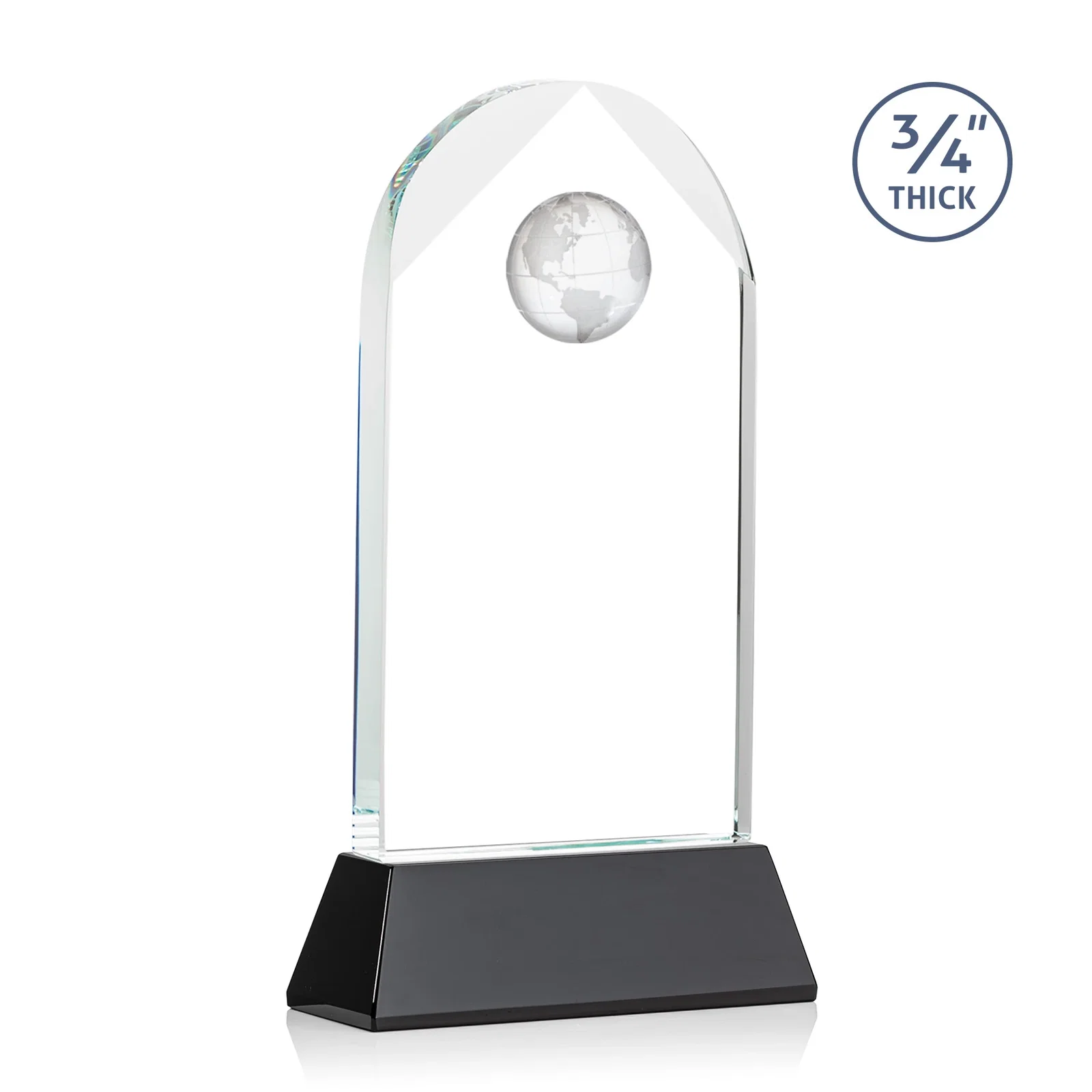 Custom engraved Starfire Crystal Arch Award Topped With an Optical Crystal Globe for company anniversary events