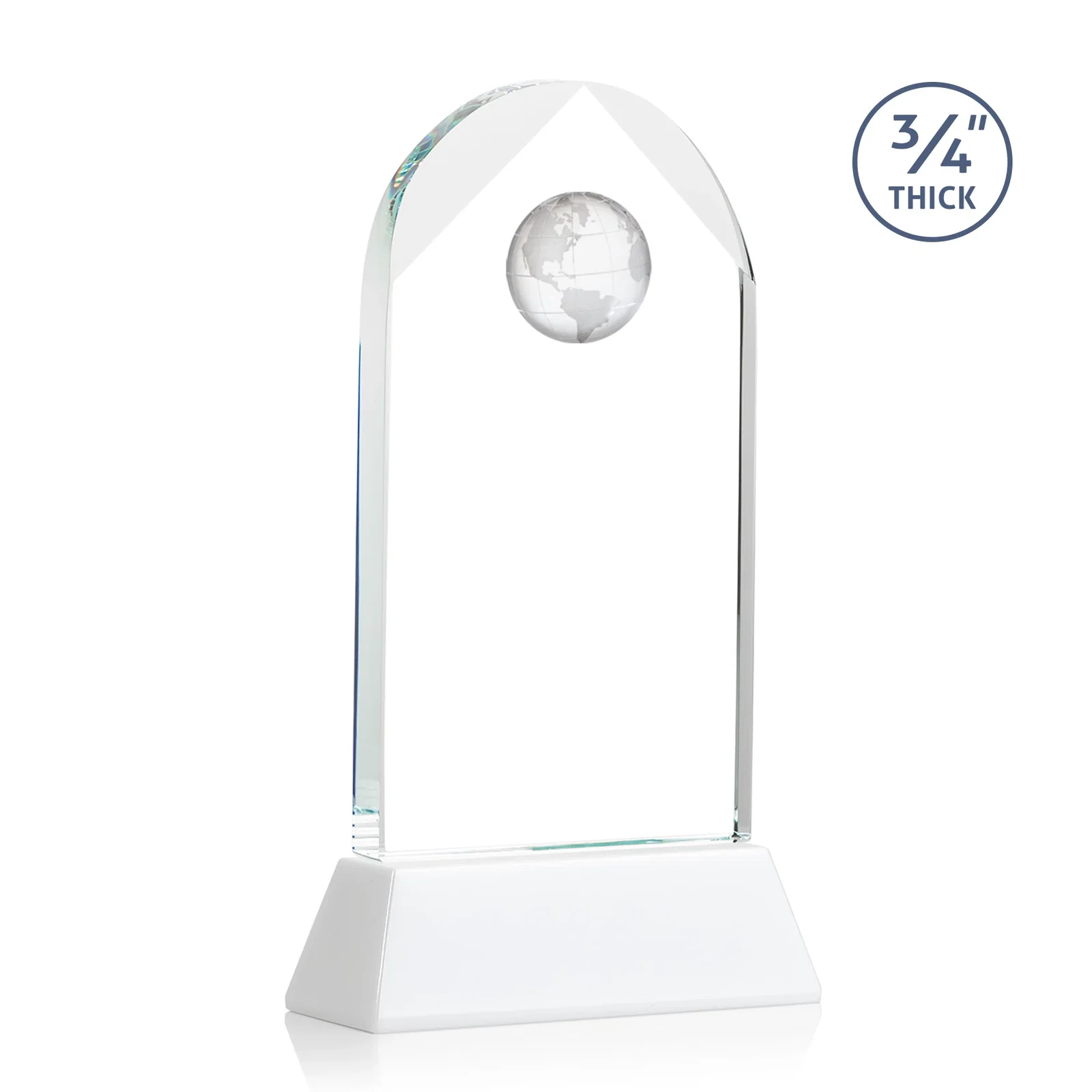 Custom Starfire Crystal Arch Award Topped With an Optical Crystal Globe, with your logo for company anniversary events