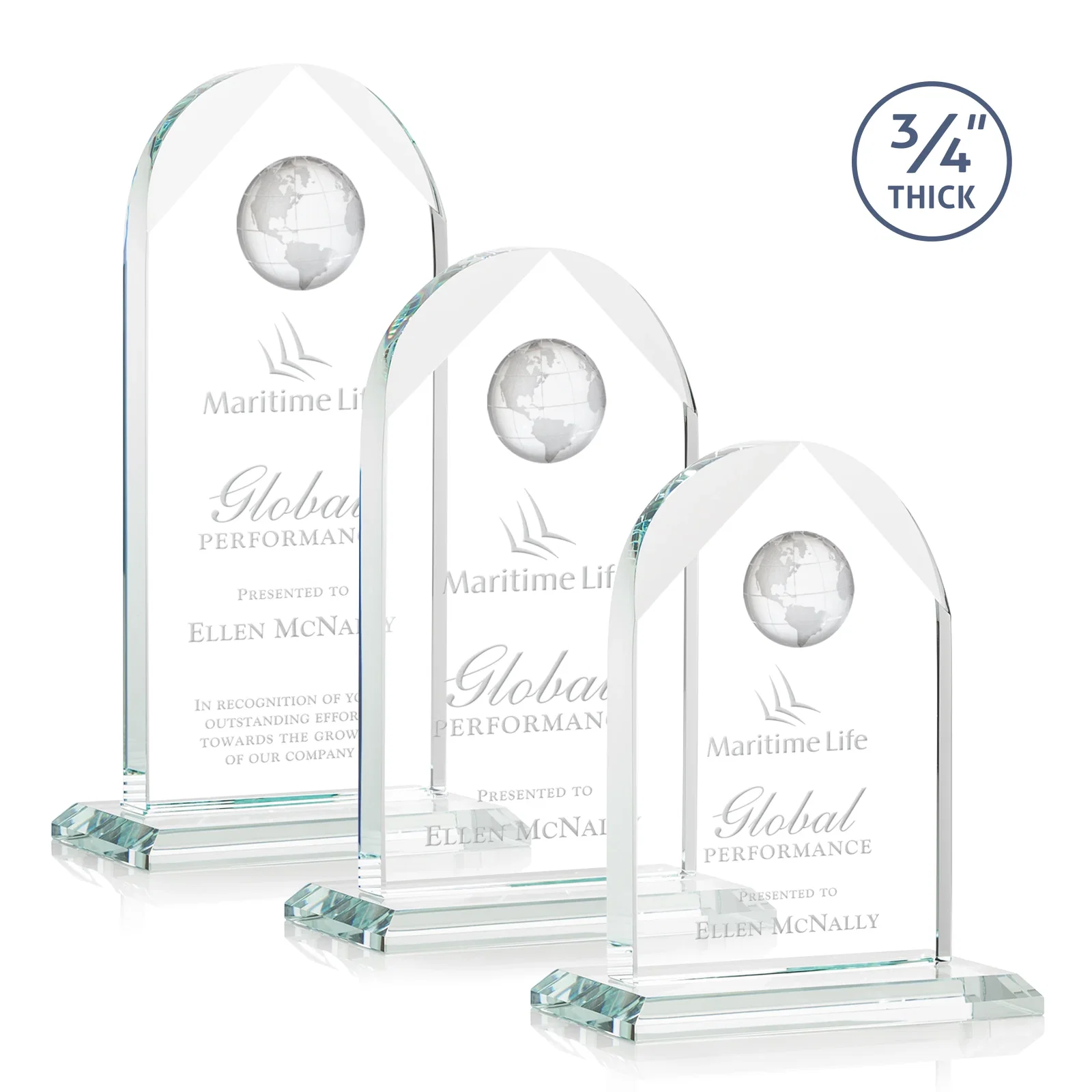 Custom Starfire Crystal Arch Award with Optical Crystal Globe on Top for employee recognition