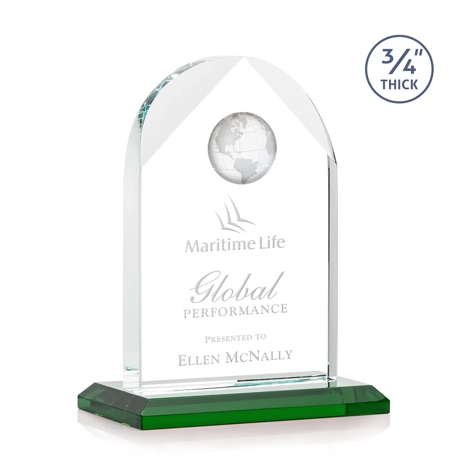 Custom Starfire Crystal Arch Award with Optical Crystal Globe on Top for volunteer appreciation