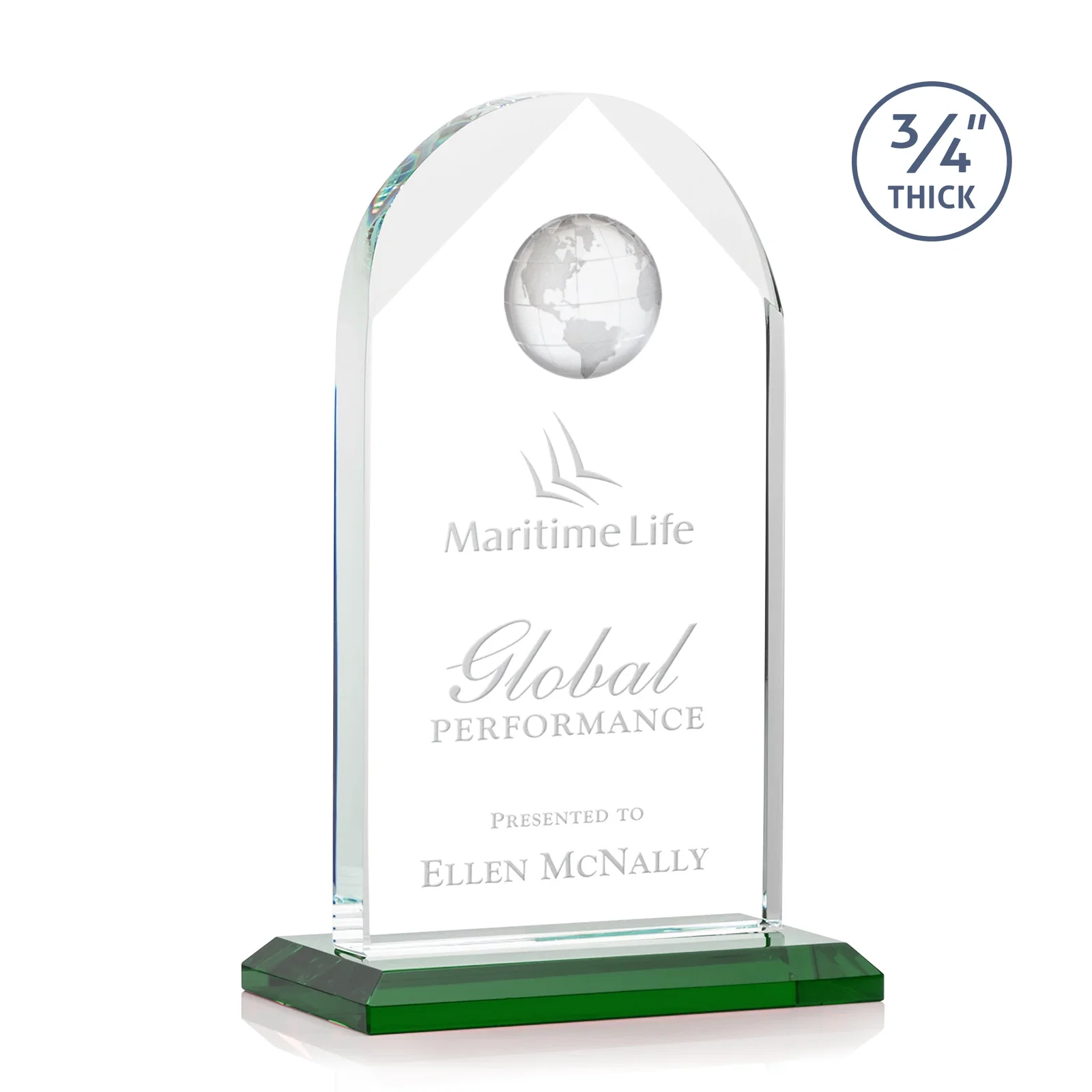 Custom Starfire Crystal Arch Award with Optical Crystal Globe on Top for dealer and partner awards