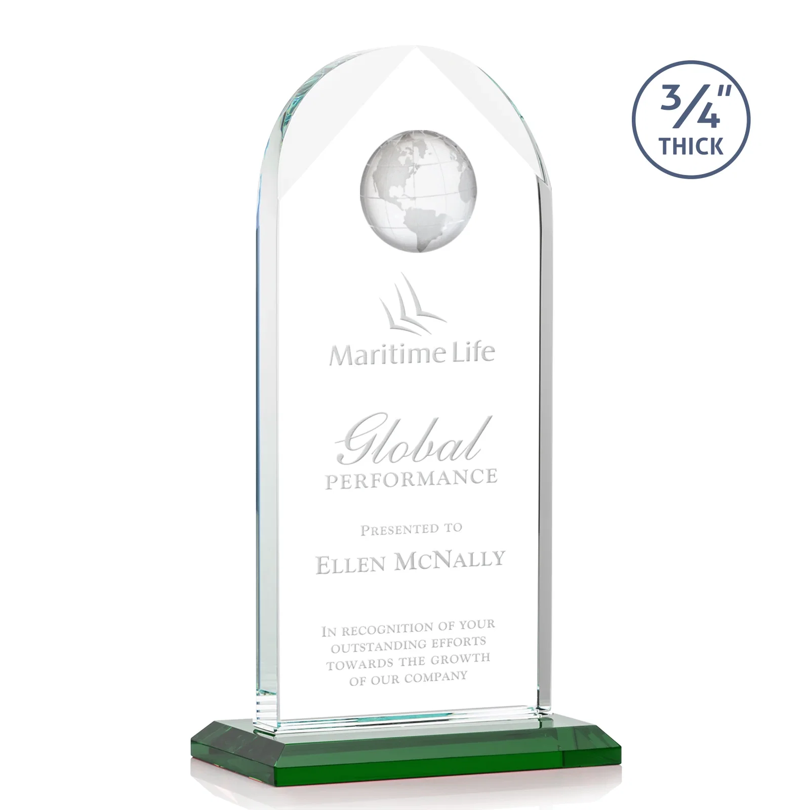 Custom Starfire Crystal Arch Award with Optical Crystal Globe on Top for company anniversary events