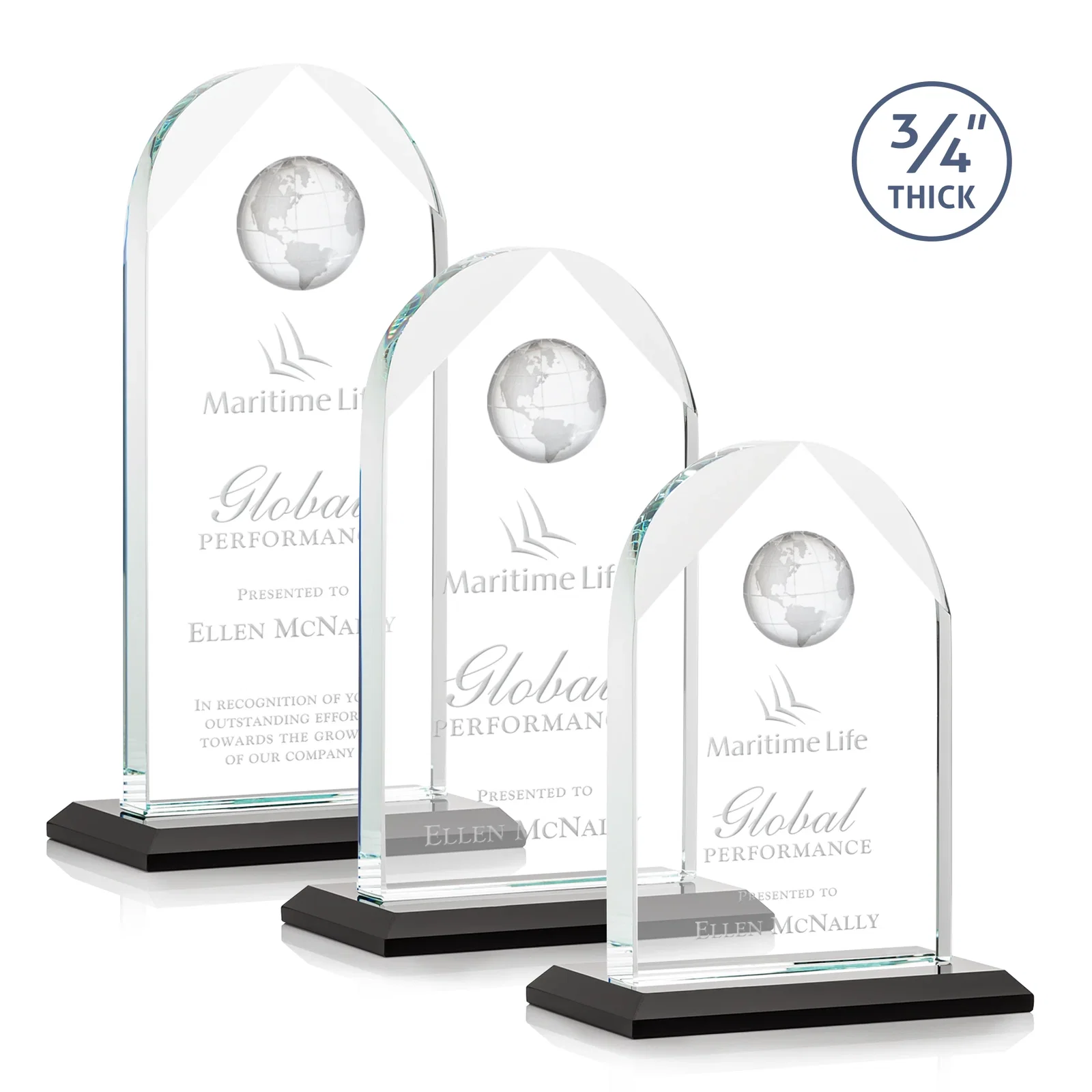Personalized Starfire Crystal Arch Award with Optical Crystal Globe on Top for employee recognition