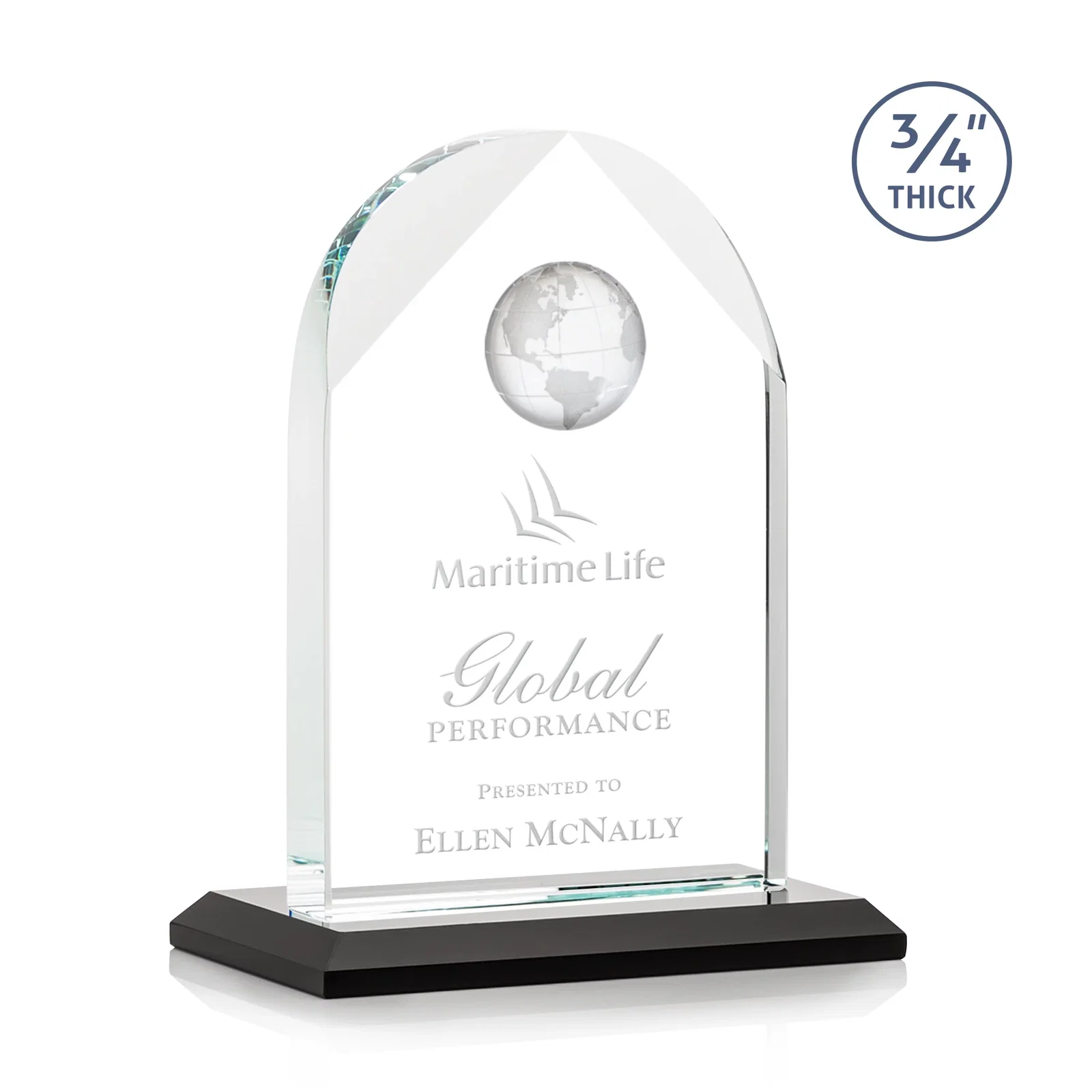 Personalized Starfire Crystal Arch Award with Optical Crystal Globe on Top for corporate award ceremonies