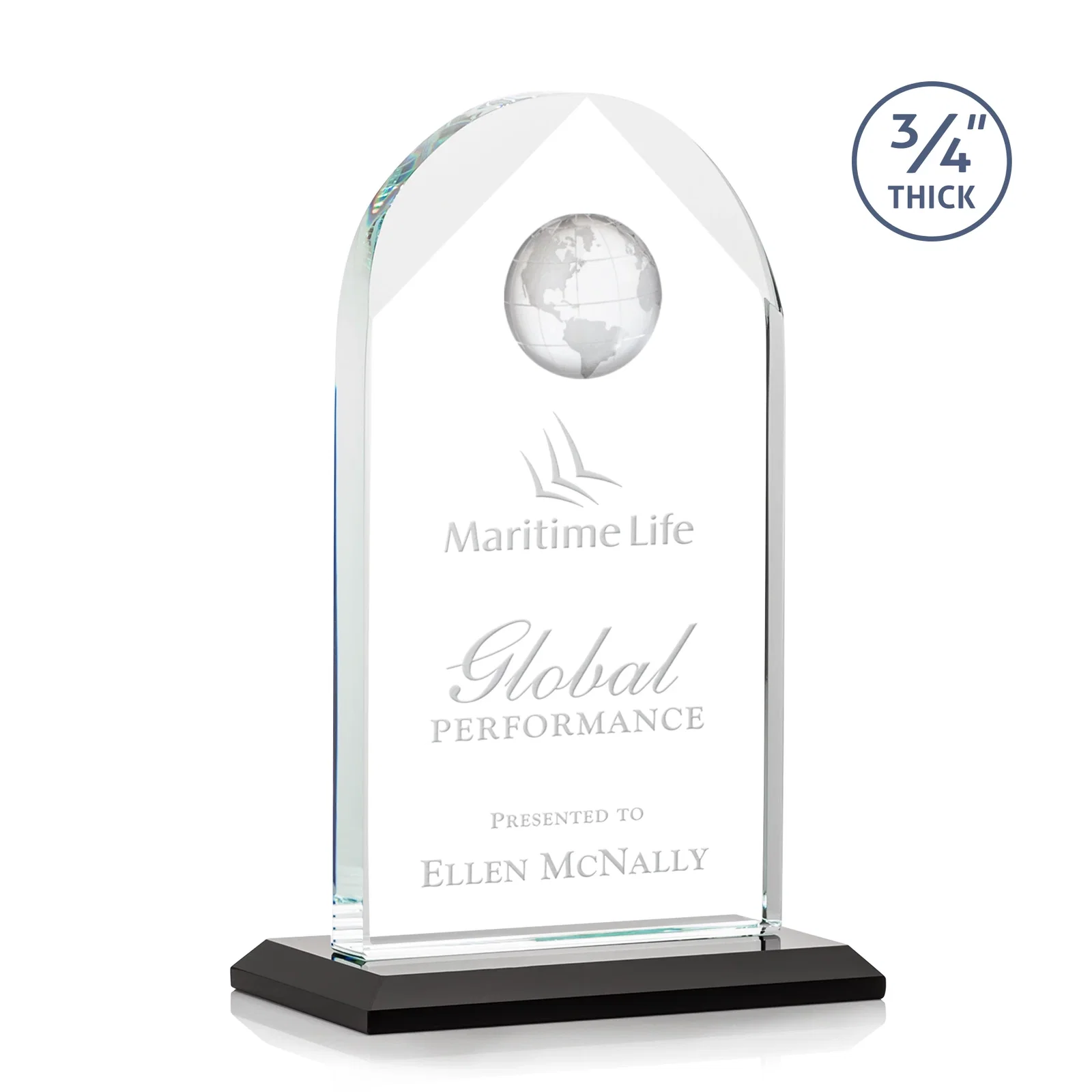 Personalized Starfire Crystal Arch Award with Optical Crystal Globe on Top for service anniversary gifts