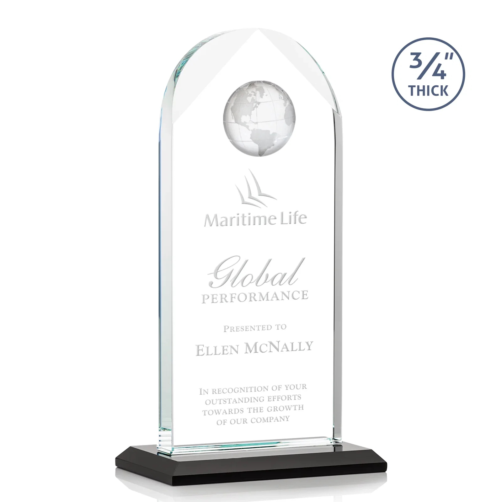 Personalized Starfire Crystal Arch Award with Optical Crystal Globe on Top for sales achievement awards