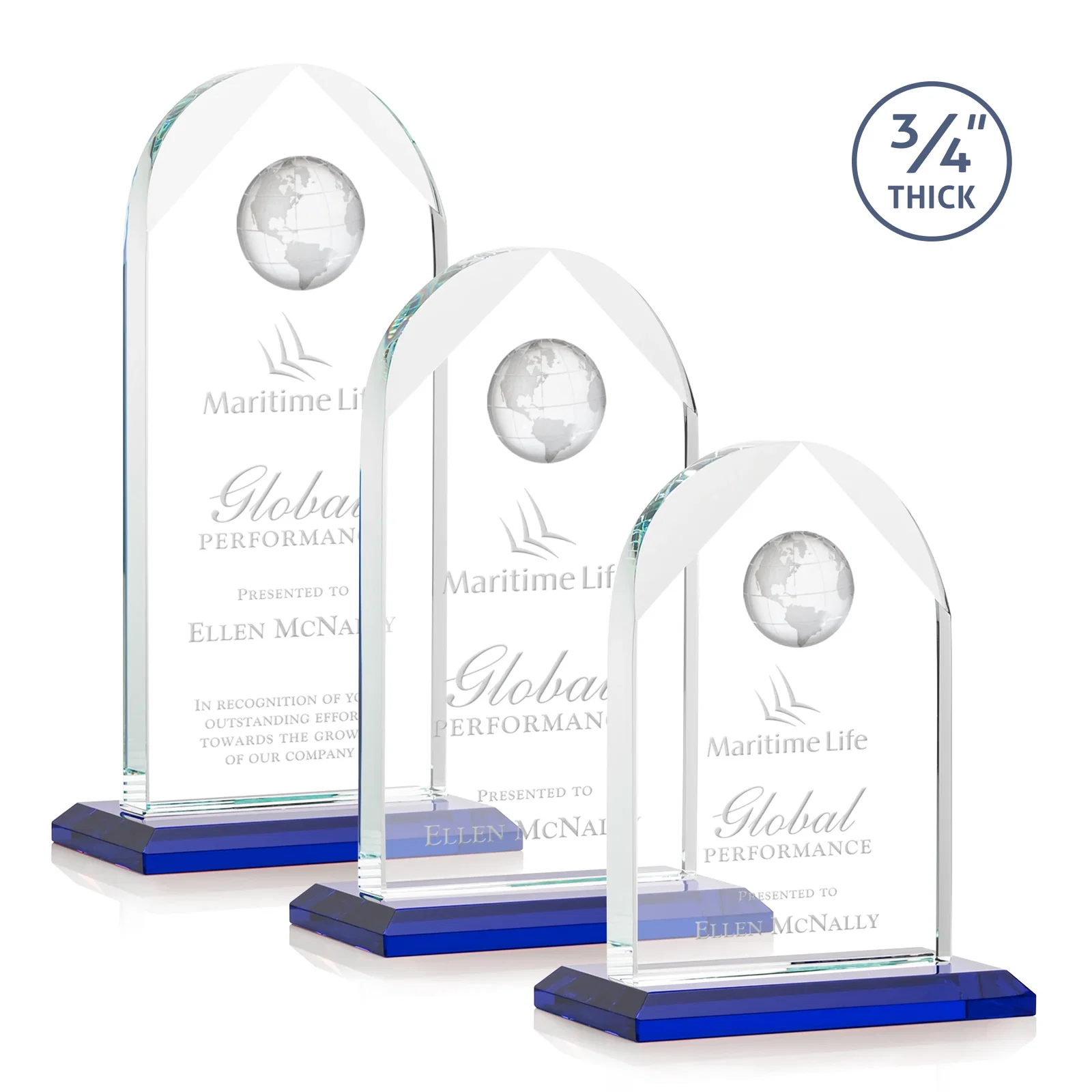 Personalized Starfire Crystal Arch Award with Optical Crystal Globe on Top for retirement presentations