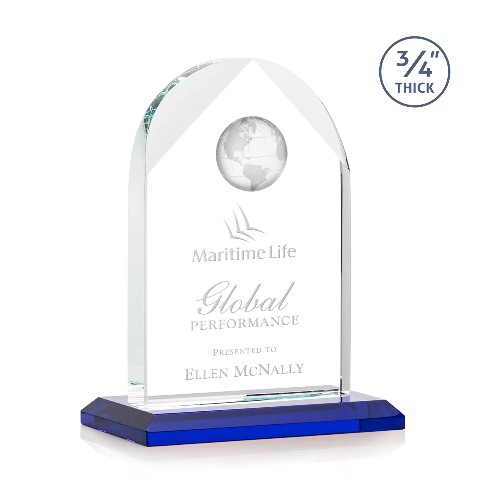 Personalized Starfire Crystal Arch Award with Optical Crystal Globe on Top for team milestone celebrations