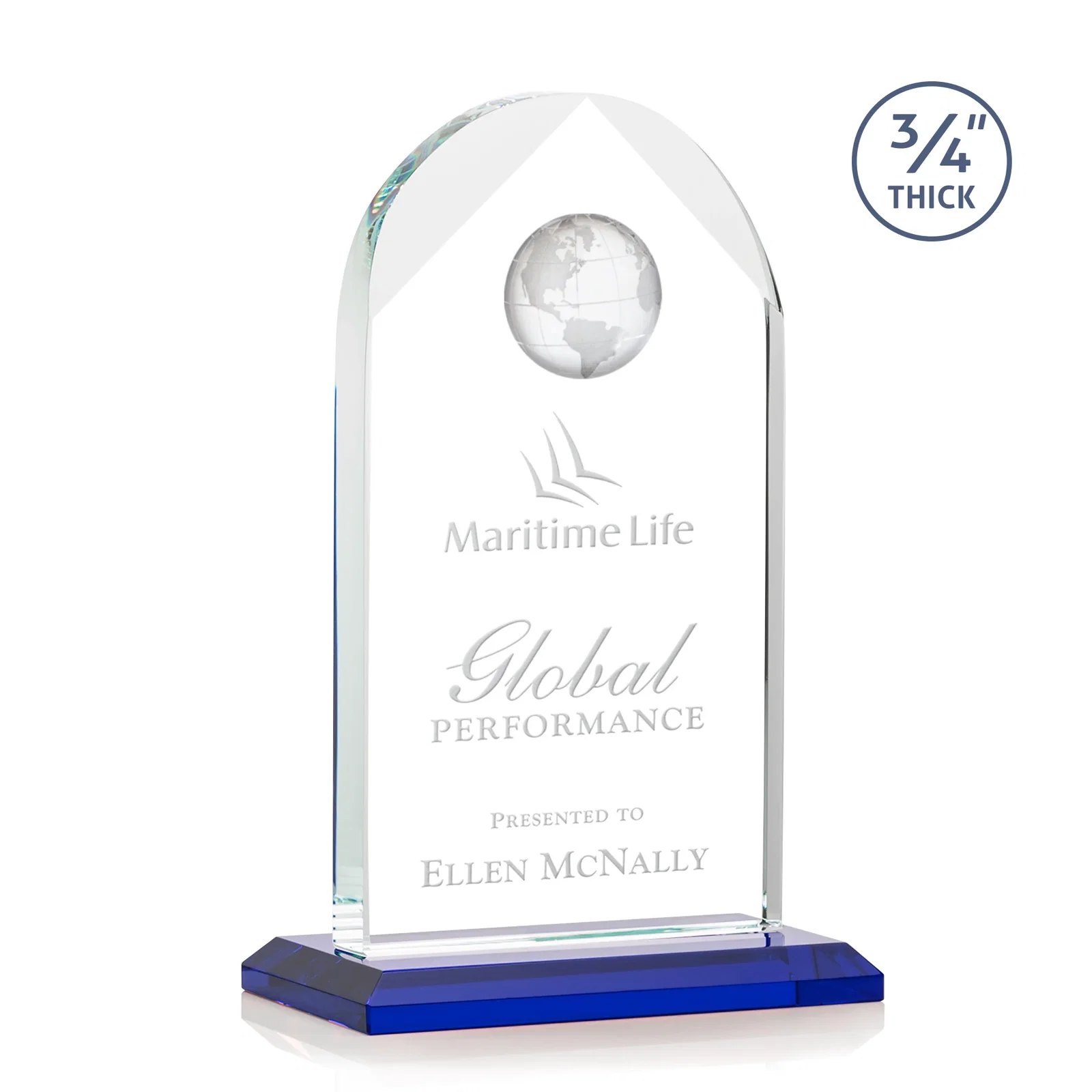 Personalized Starfire Crystal Arch Award with Optical Crystal Globe on Top for donor appreciation