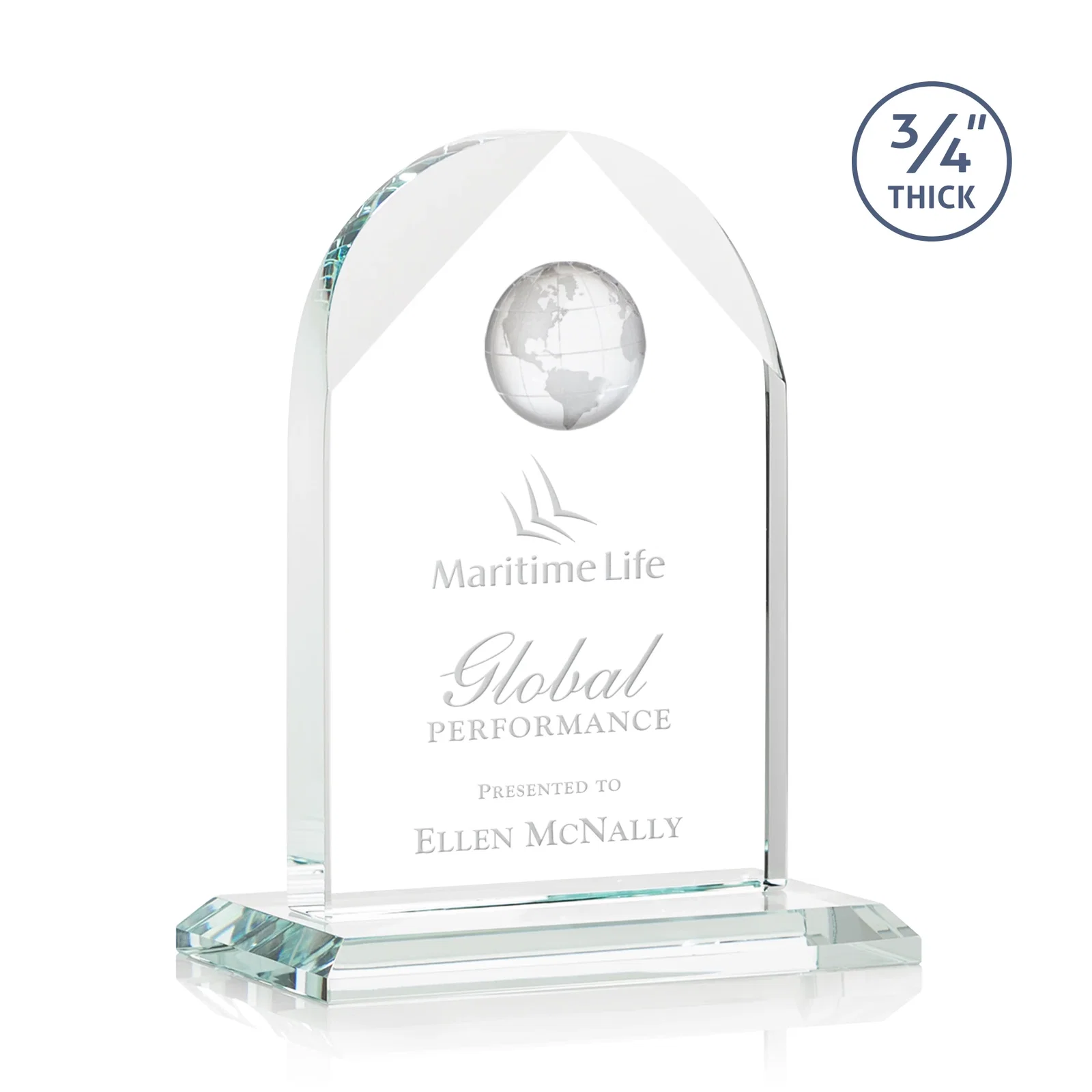 Custom Starfire Crystal Arch Award with Optical Crystal Globe on Top for corporate award ceremonies