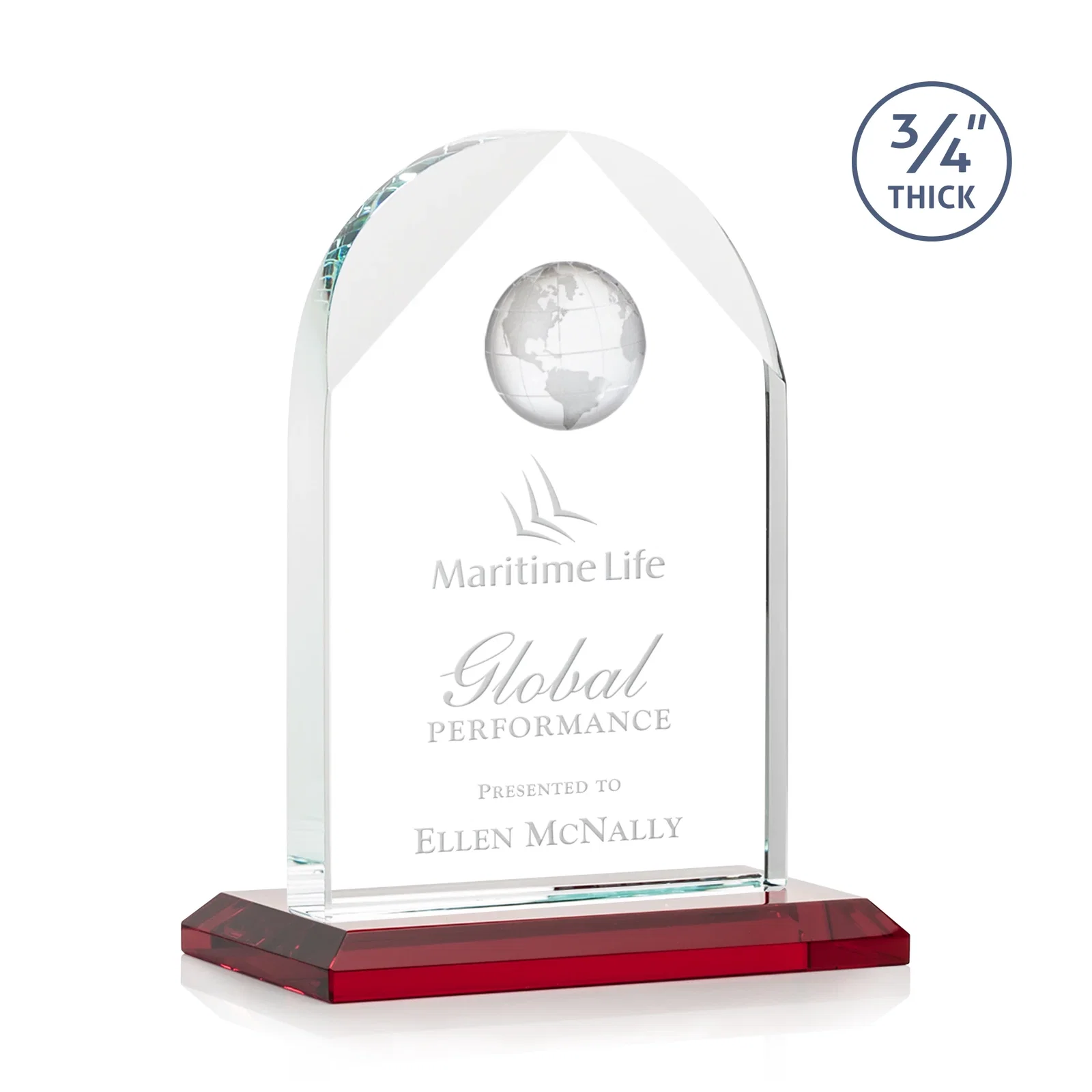 Personalized Starfire Crystal Arch Award with Optical Crystal Globe on Top for volunteer appreciation