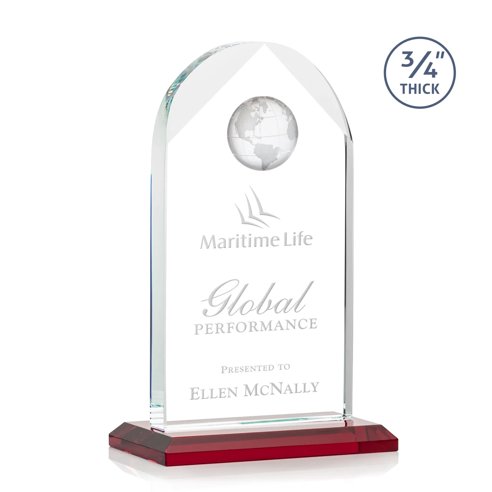 Personalized Starfire Crystal Arch Award with Optical Crystal Globe on Top for dealer and partner awards