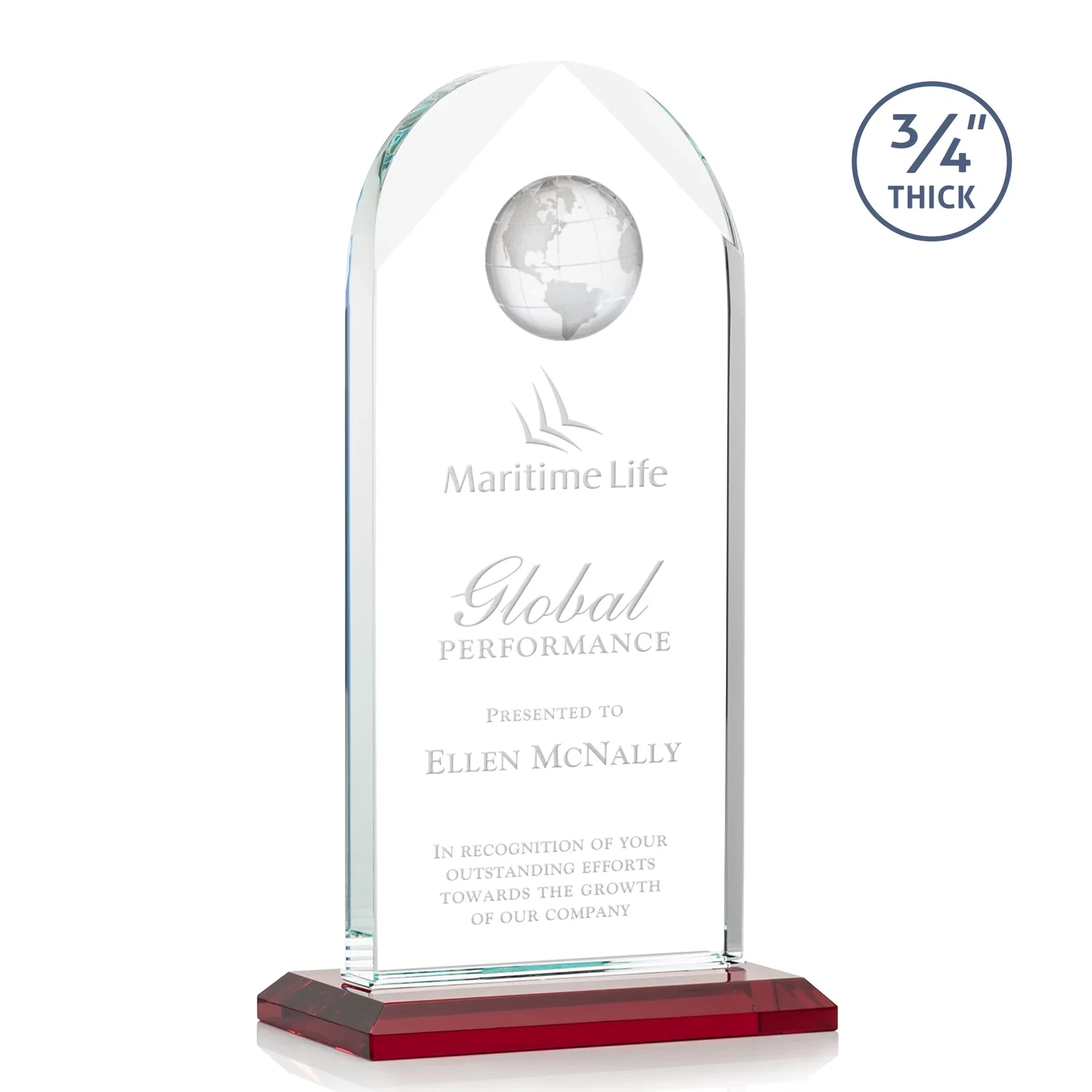 Personalized Starfire Crystal Arch Award with Optical Crystal Globe on Top for company anniversary events