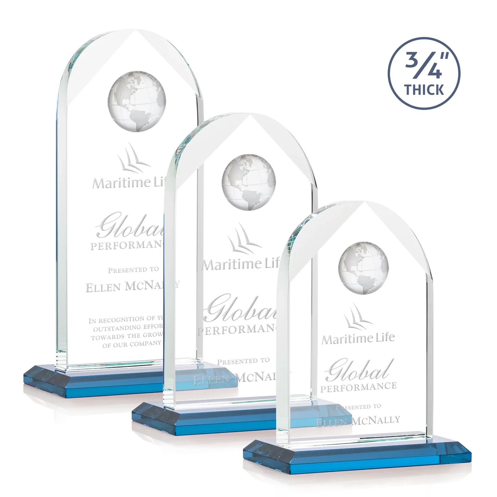 Promotional Starfire Crystal Arch Award with Optical Crystal Globe on Top for employee recognition