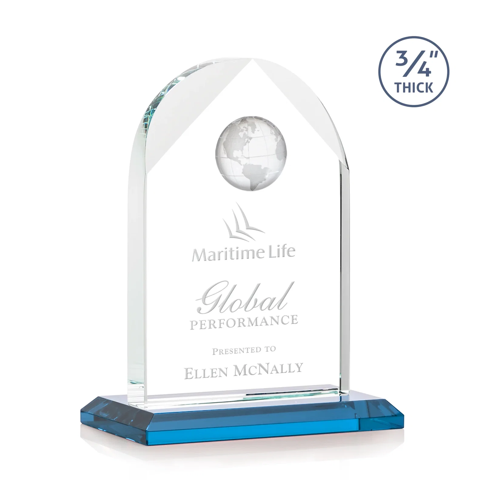 Promotional Starfire Crystal Arch Award with Optical Crystal Globe on Top for corporate award ceremonies