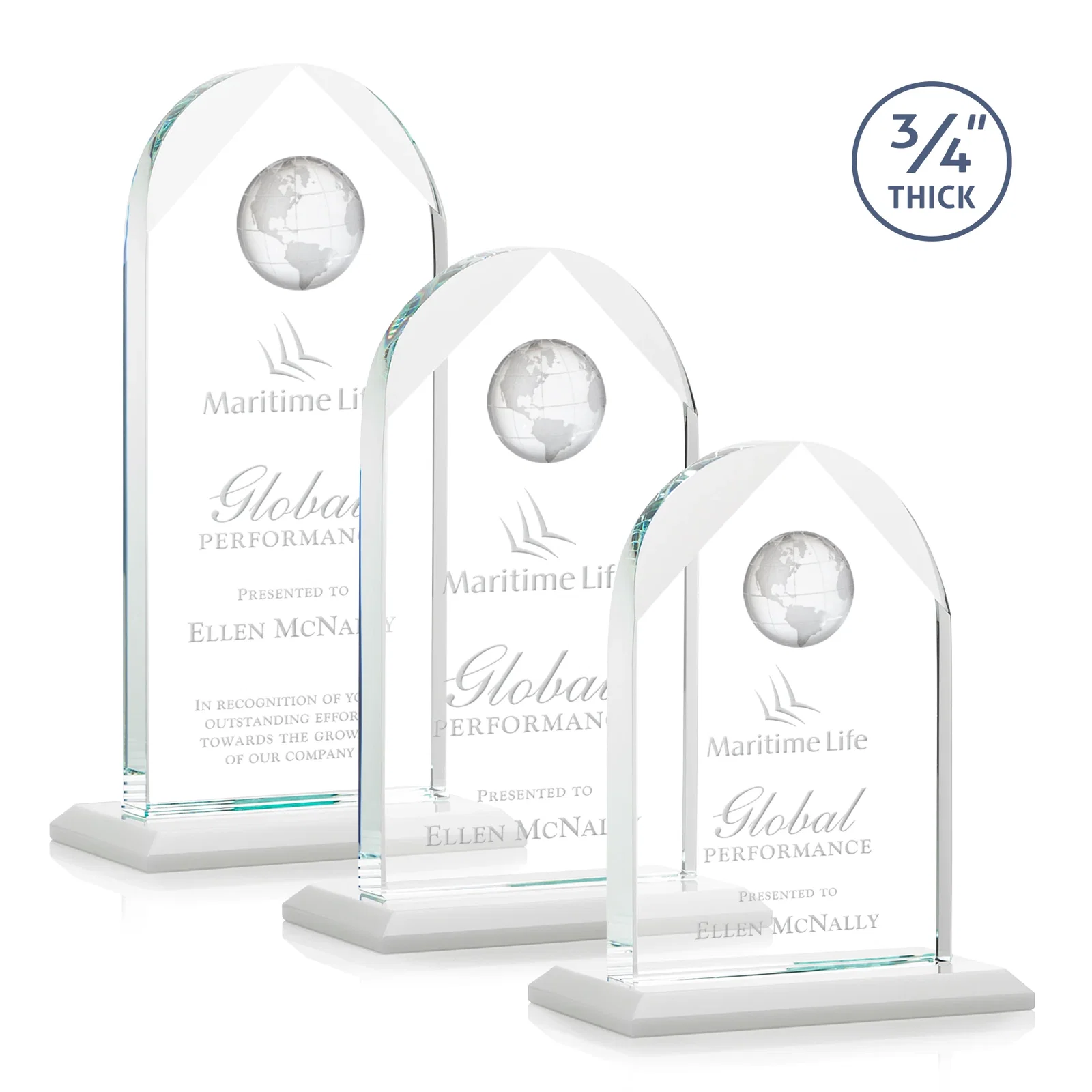 Promotional Starfire Crystal Arch Award with Optical Crystal Globe on Top for retirement presentations