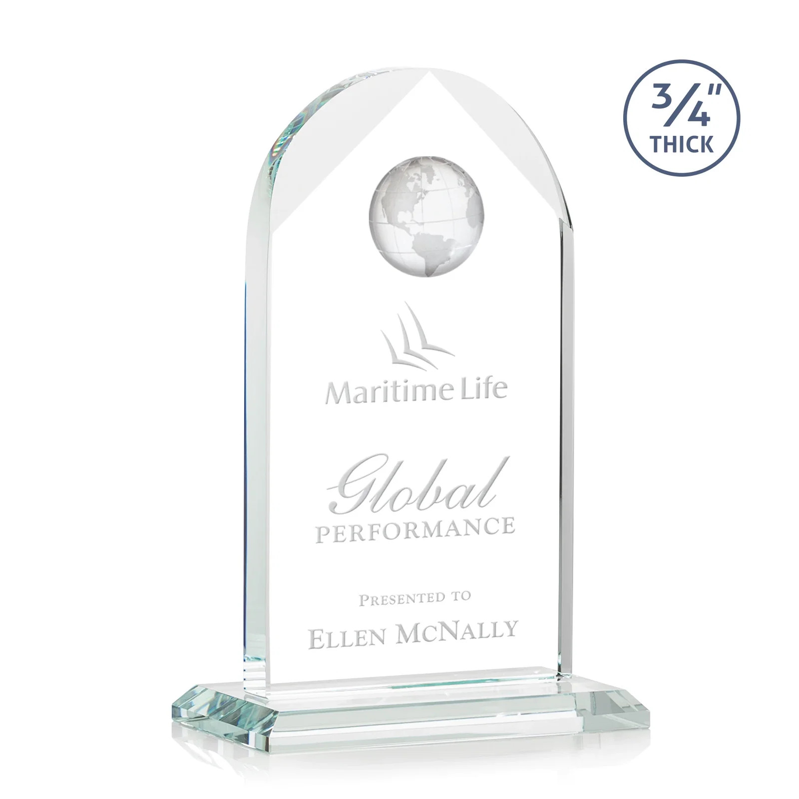 Custom Starfire Crystal Arch Award with Optical Crystal Globe on Top for service anniversary gifts
