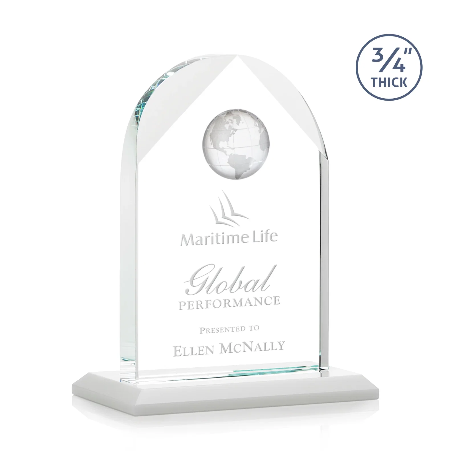 Promotional Starfire Crystal Arch Award with Optical Crystal Globe on Top for team milestone celebrations