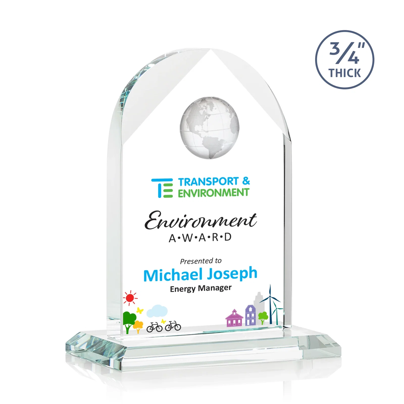 Promotional Starfire Crystal Arch Award with Optical Crystal Globe on Top for volunteer appreciation