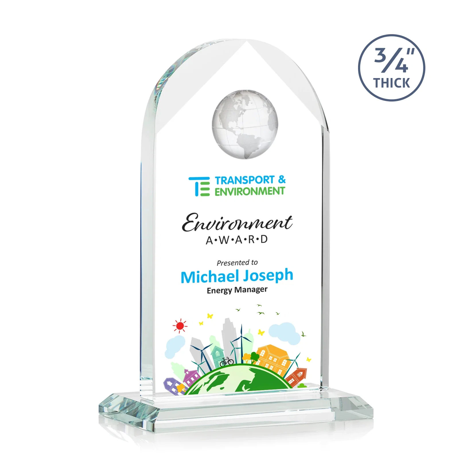 Promotional Starfire Crystal Arch Award with Optical Crystal Globe on Top for dealer and partner awards