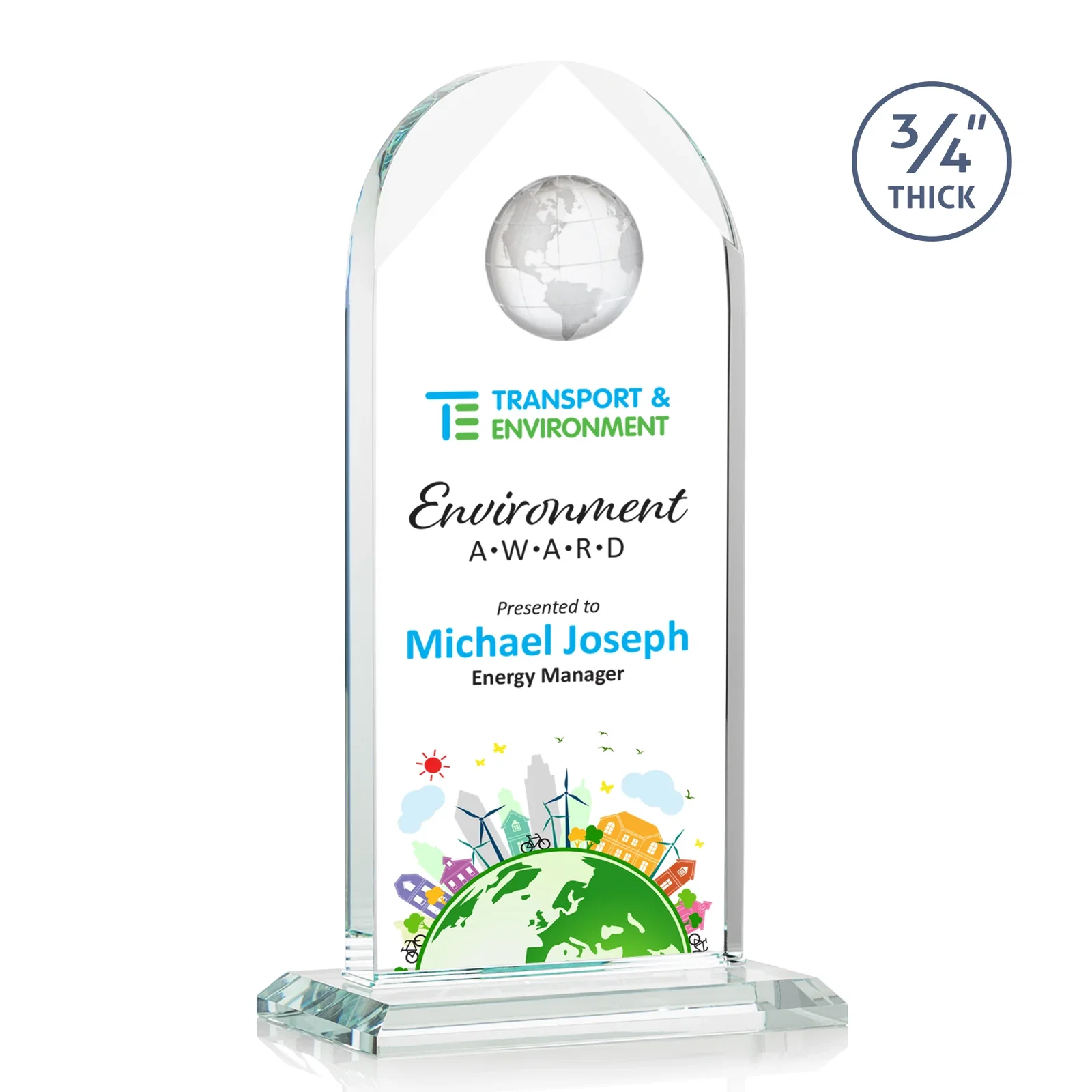 Promotional Starfire Crystal Arch Award with Optical Crystal Globe on Top for company anniversary events