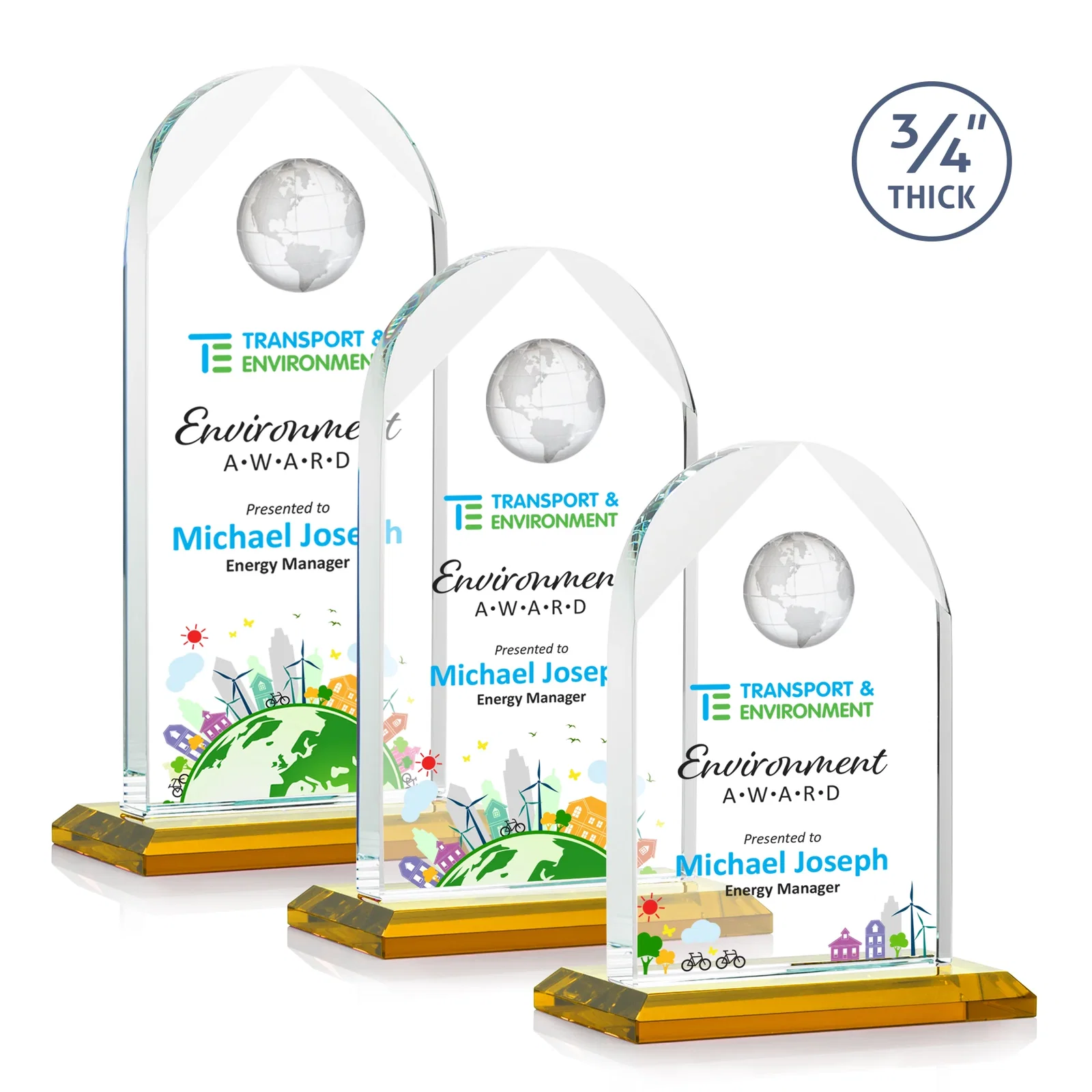 Branded Starfire Crystal Arch Award with Optical Crystal Globe on Top for employee recognition