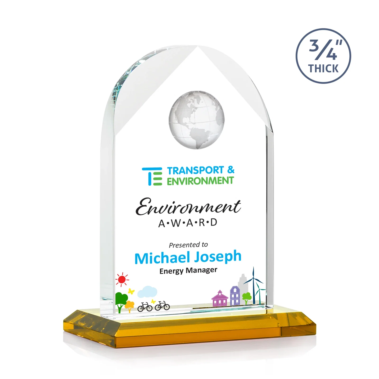 Branded Starfire Crystal Arch Award with Optical Crystal Globe on Top for corporate award ceremonies