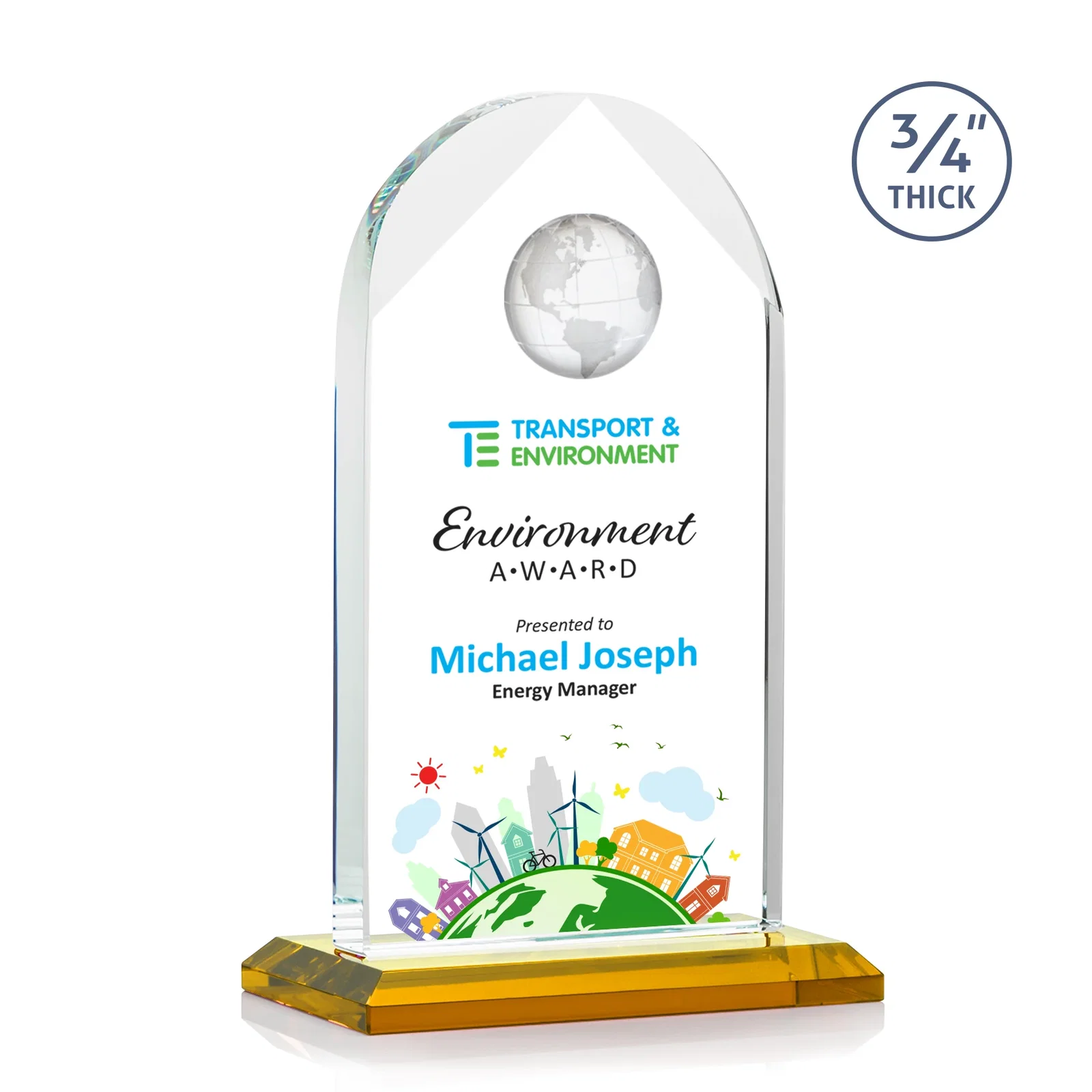 Branded Starfire Crystal Arch Award with Optical Crystal Globe on Top for service anniversary gifts