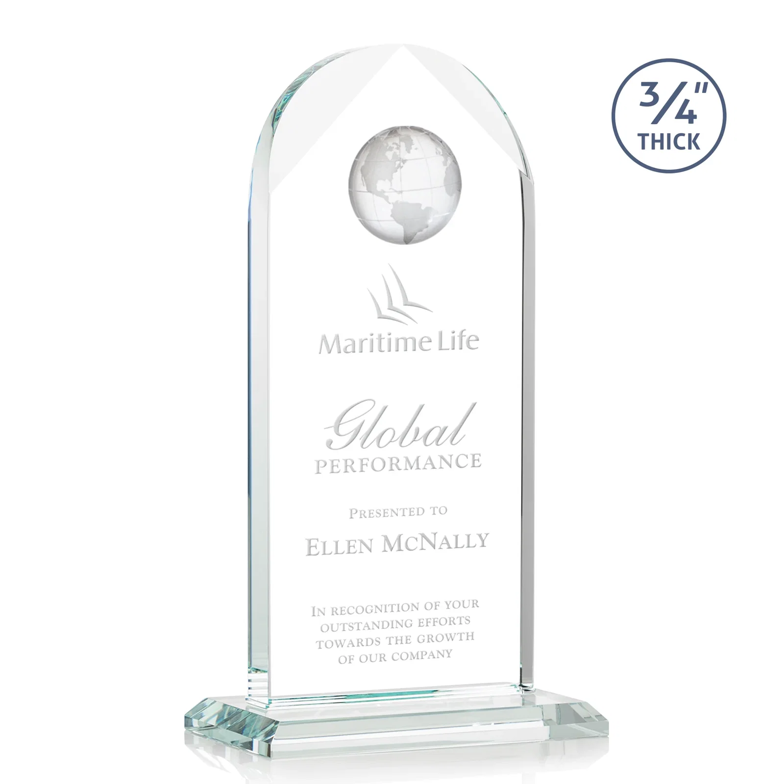 Custom Starfire Crystal Arch Award with Optical Crystal Globe on Top for sales achievement awards