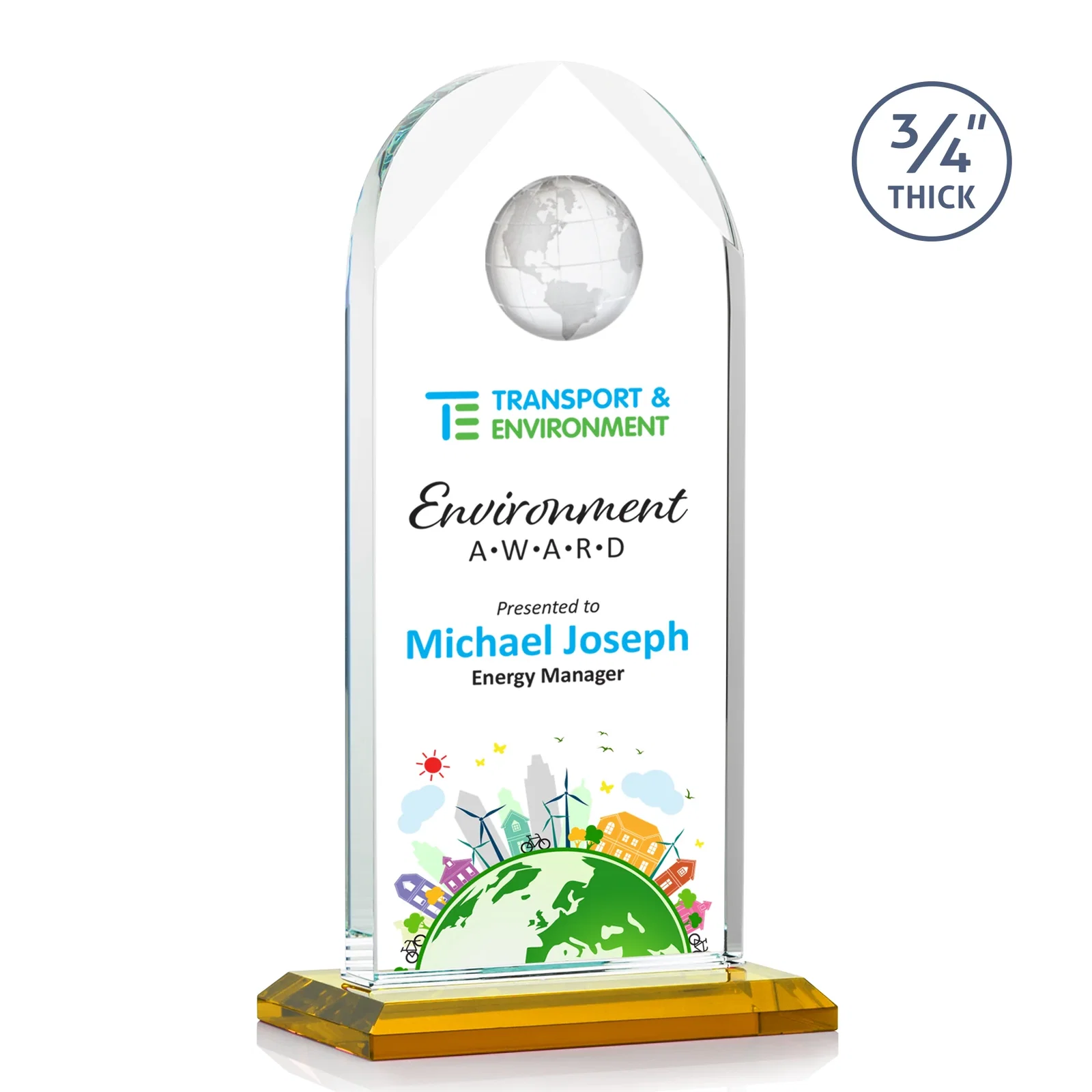 Branded Starfire Crystal Arch Award with Optical Crystal Globe on Top for sales achievement awards
