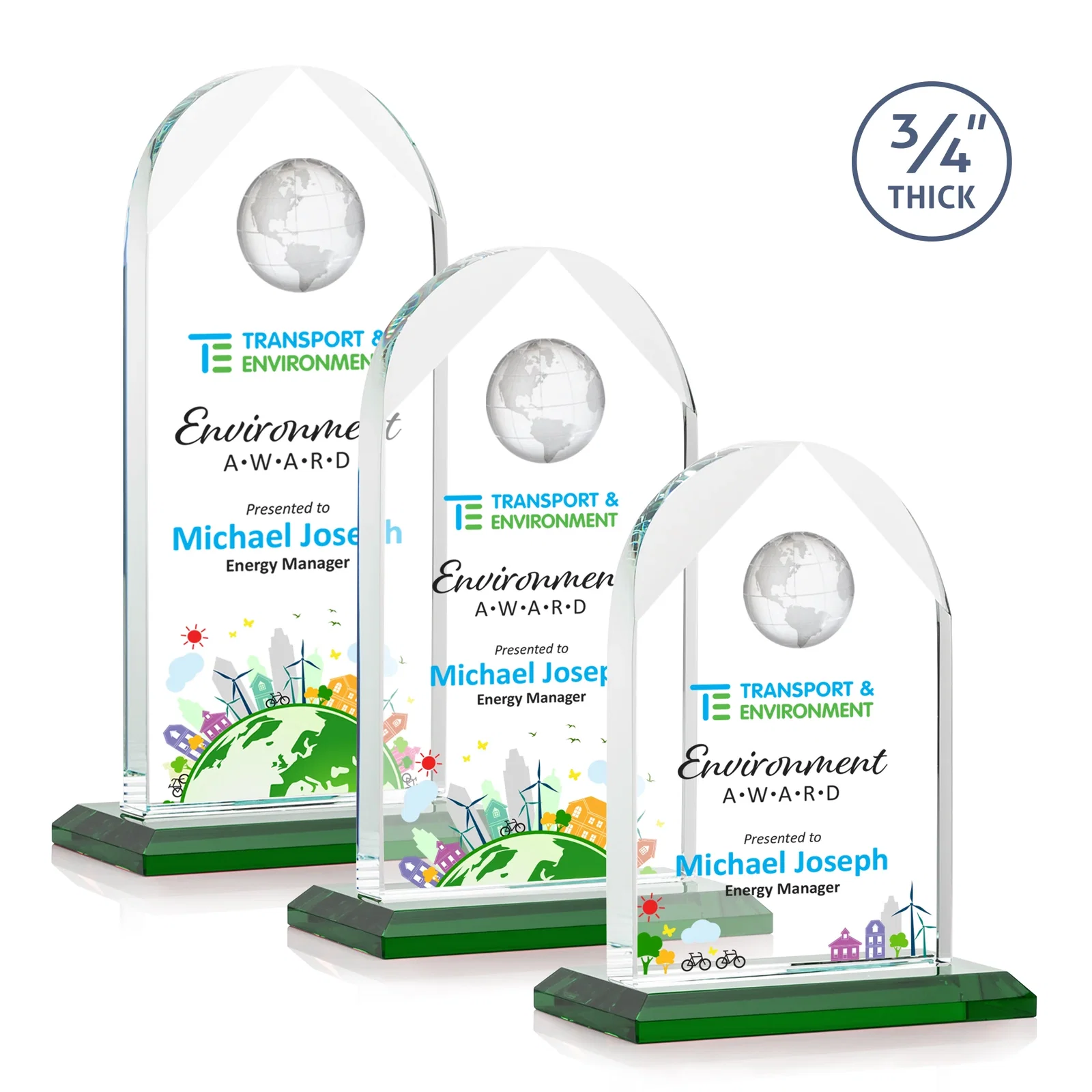 Branded Starfire Crystal Arch Award with Optical Crystal Globe on Top for retirement presentations