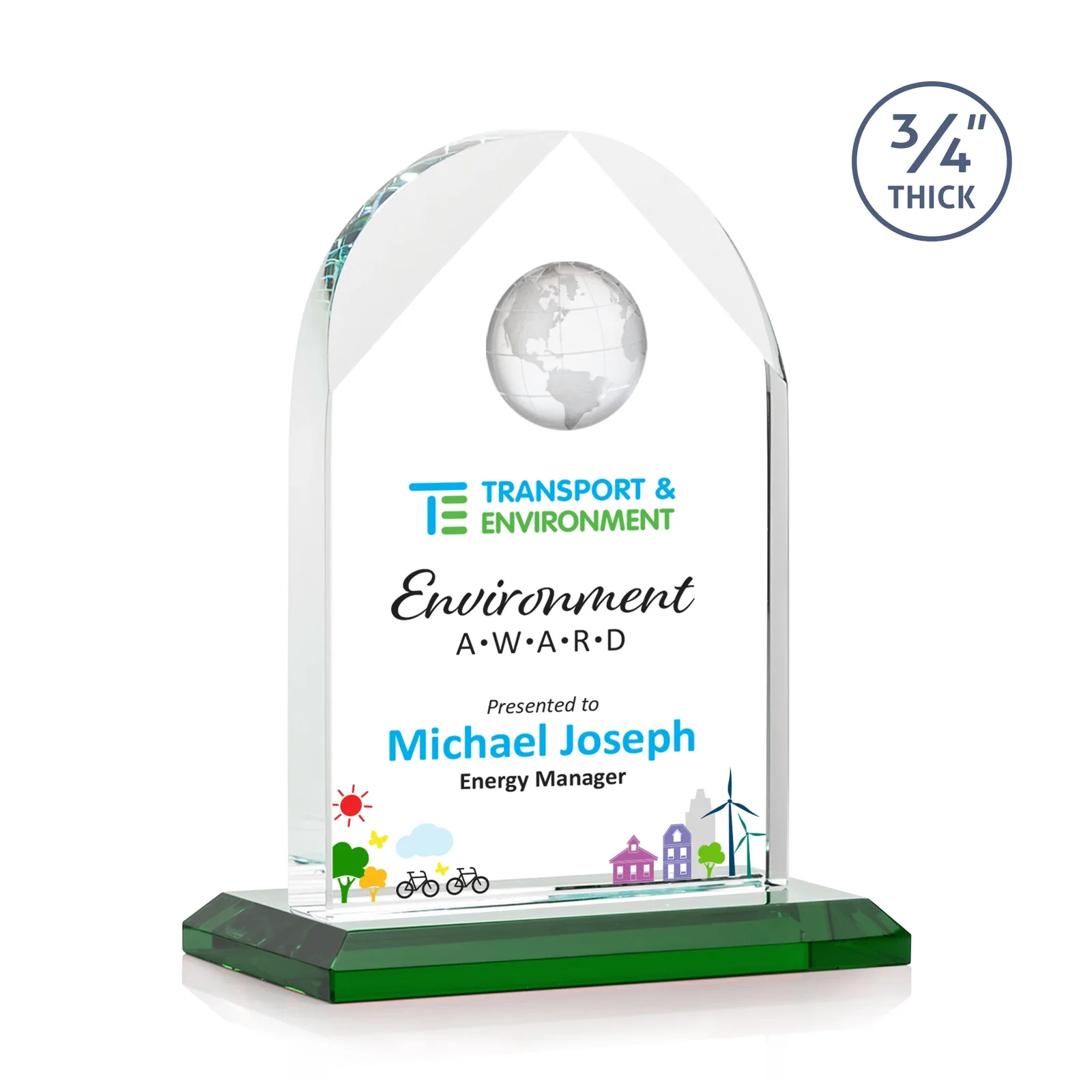 Branded Starfire Crystal Arch Award with Optical Crystal Globe on Top for team milestone celebrations
