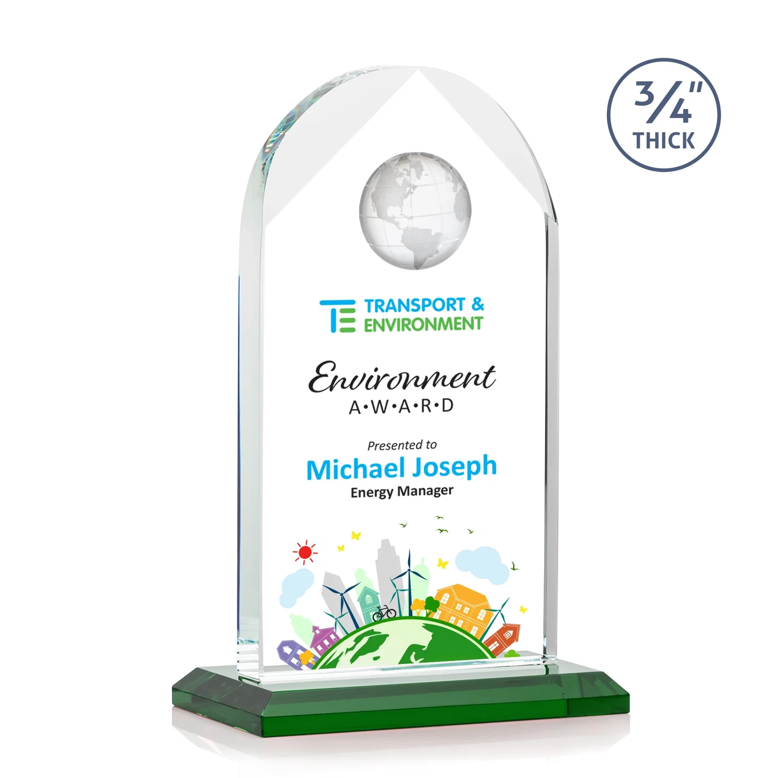 Branded Starfire Crystal Arch Award with Optical Crystal Globe on Top for donor appreciation