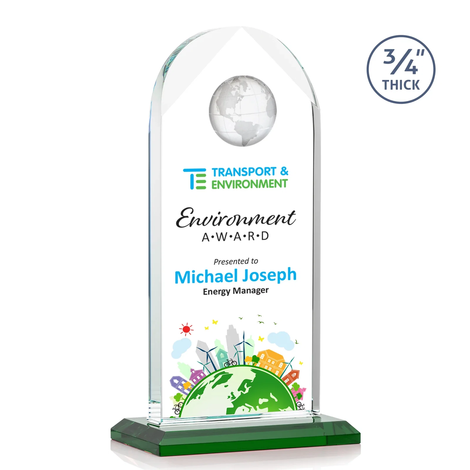 Branded Starfire Crystal Arch Award with Optical Crystal Globe on Top for graduation ceremonies
