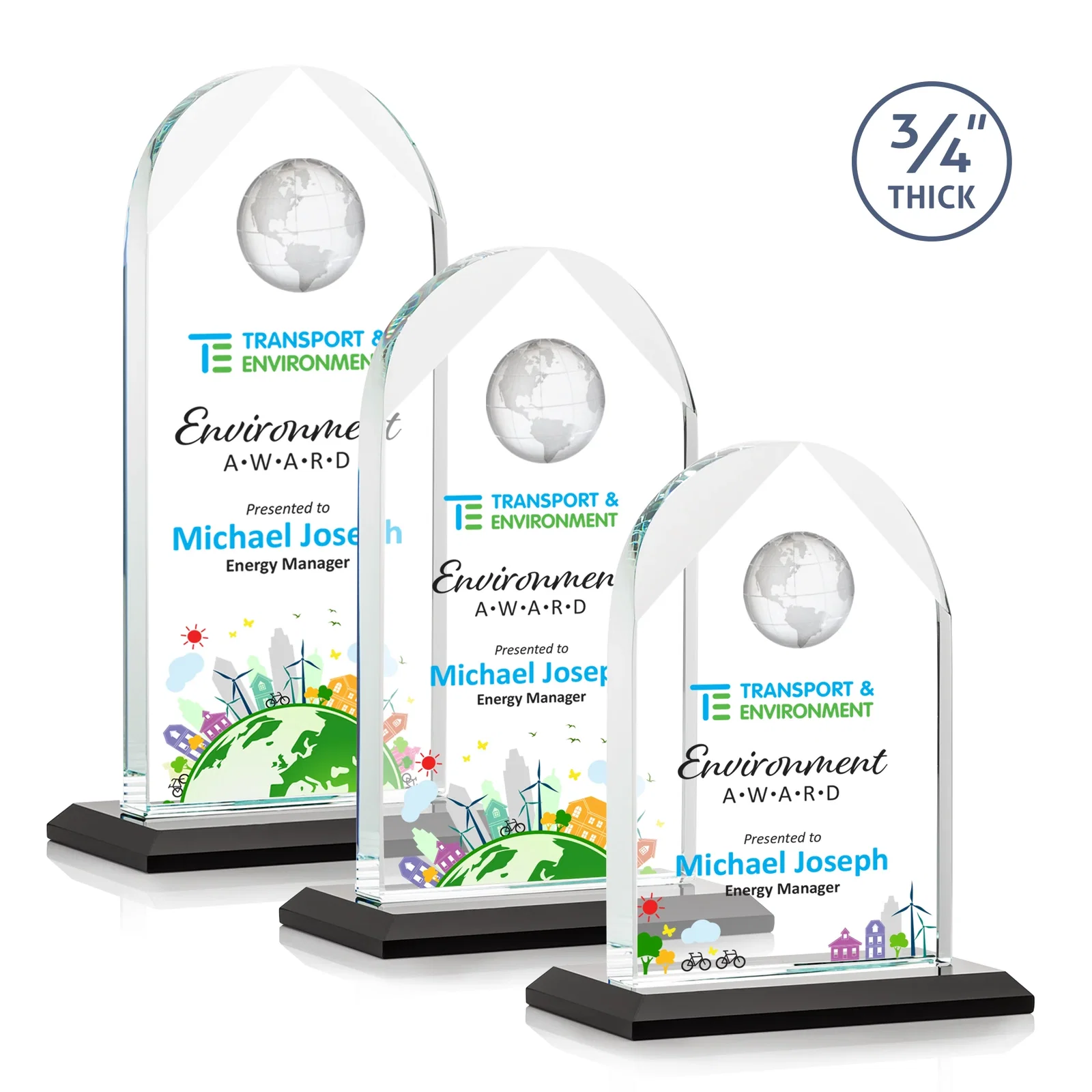 Branded Starfire Crystal Arch Award with Optical Crystal Globe on Top for safety achievement programs