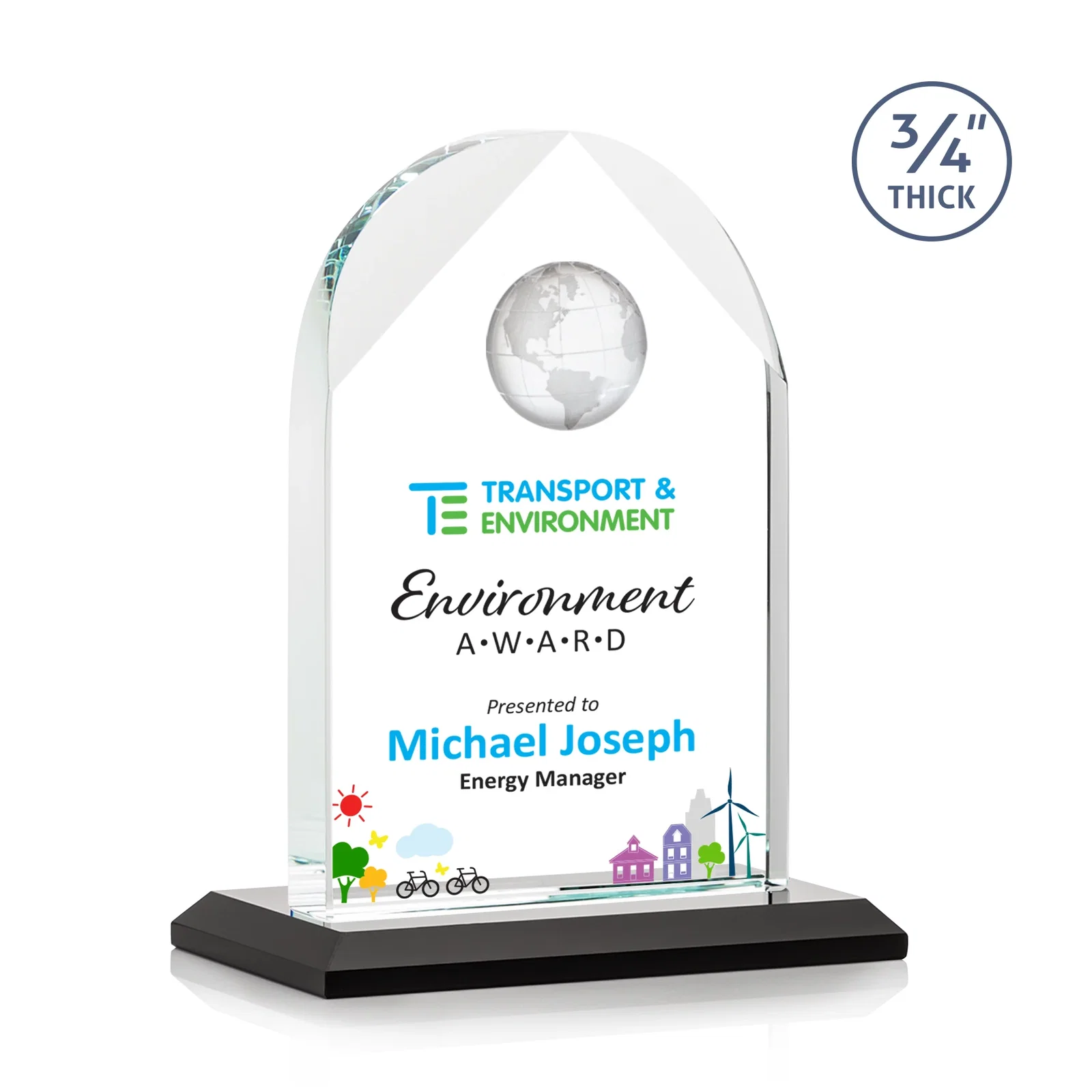 Branded Starfire Crystal Arch Award with Optical Crystal Globe on Top for volunteer appreciation
