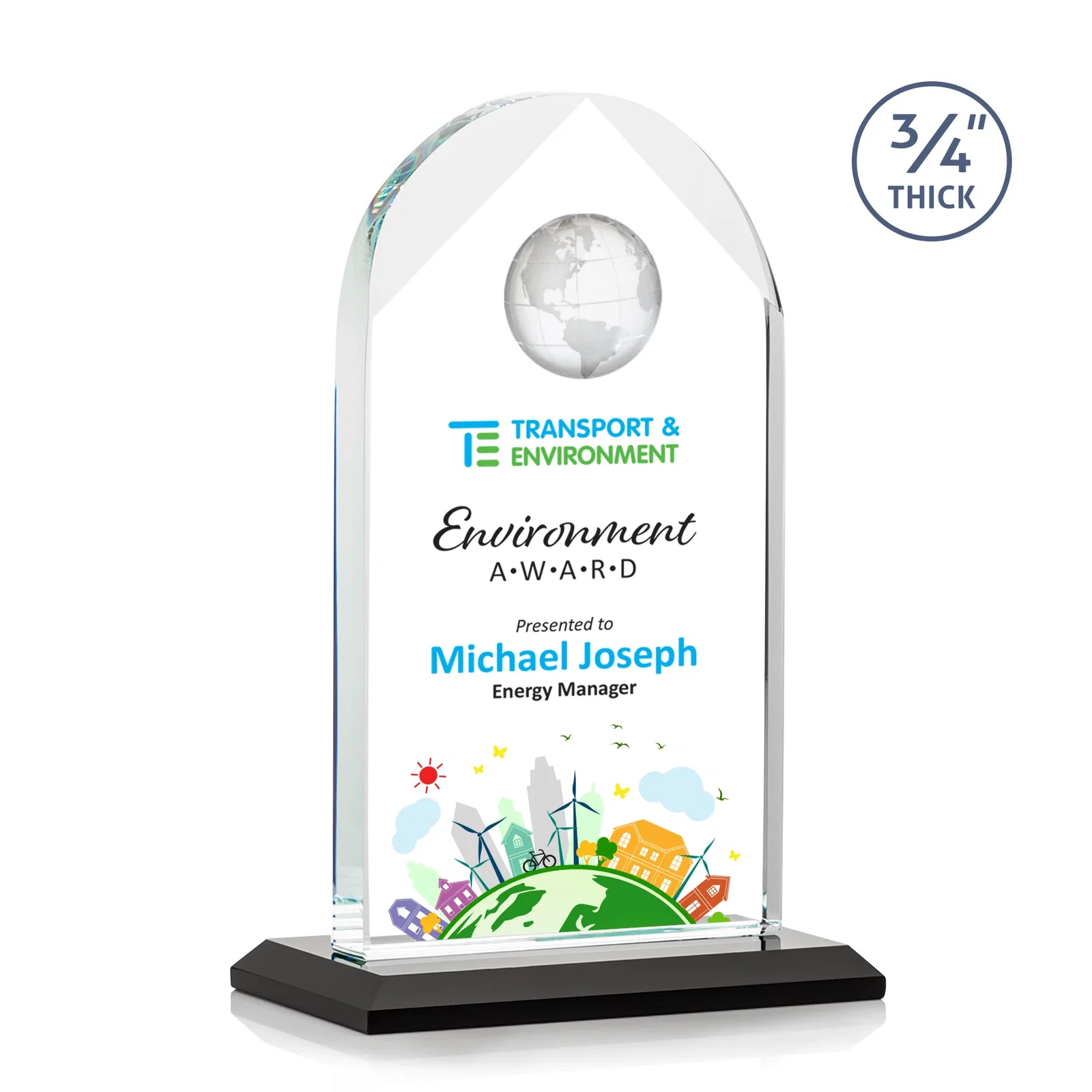 Branded Starfire Crystal Arch Award with Optical Crystal Globe on Top for dealer and partner awards