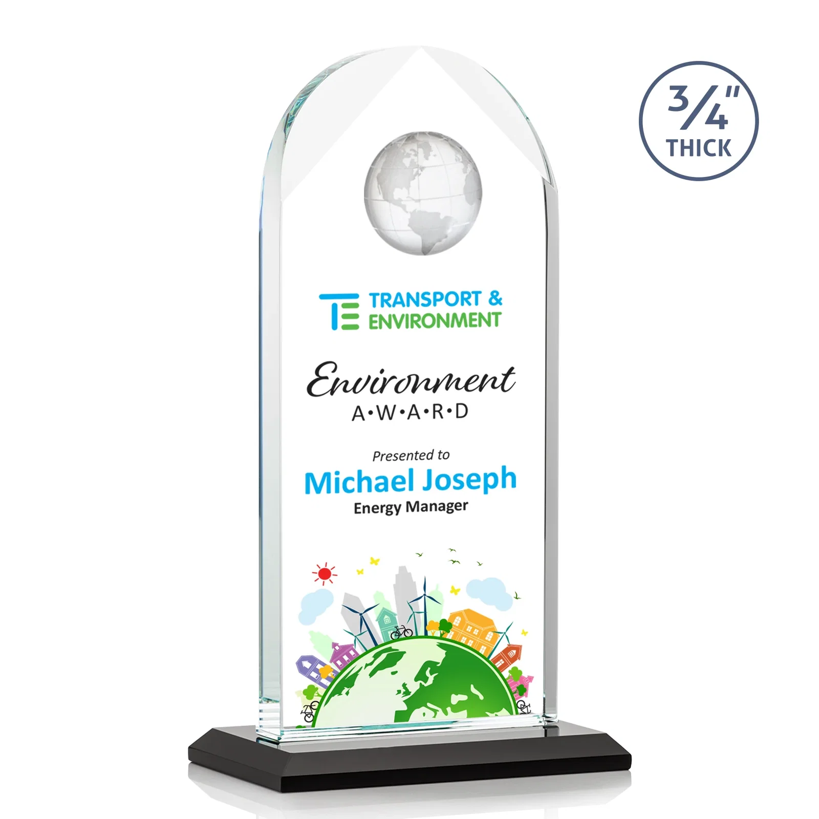 Branded Starfire Crystal Arch Award with Optical Crystal Globe on Top for company anniversary events