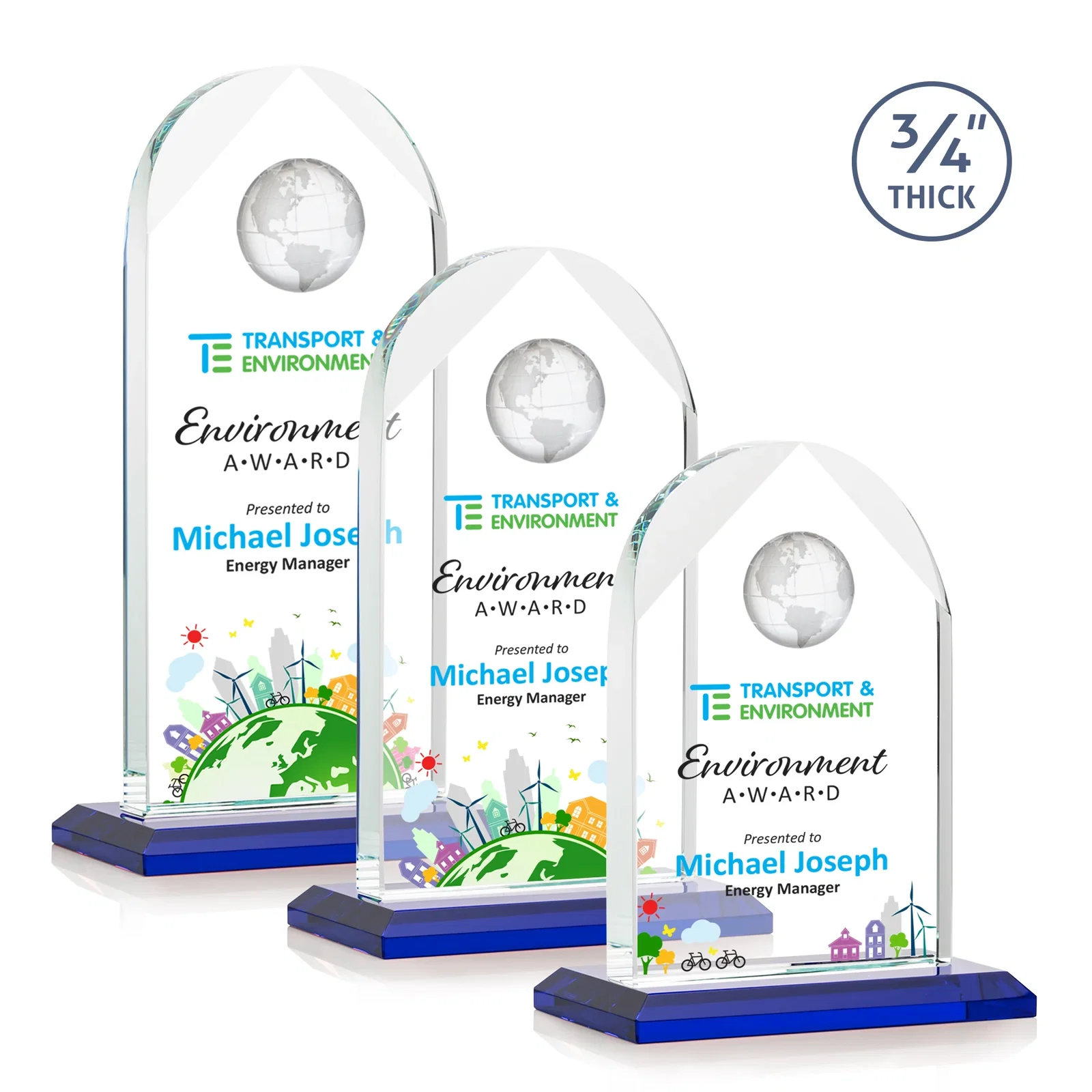 Custom printed Starfire Crystal Arch Award with Optical Crystal Globe on Top for employee recognition