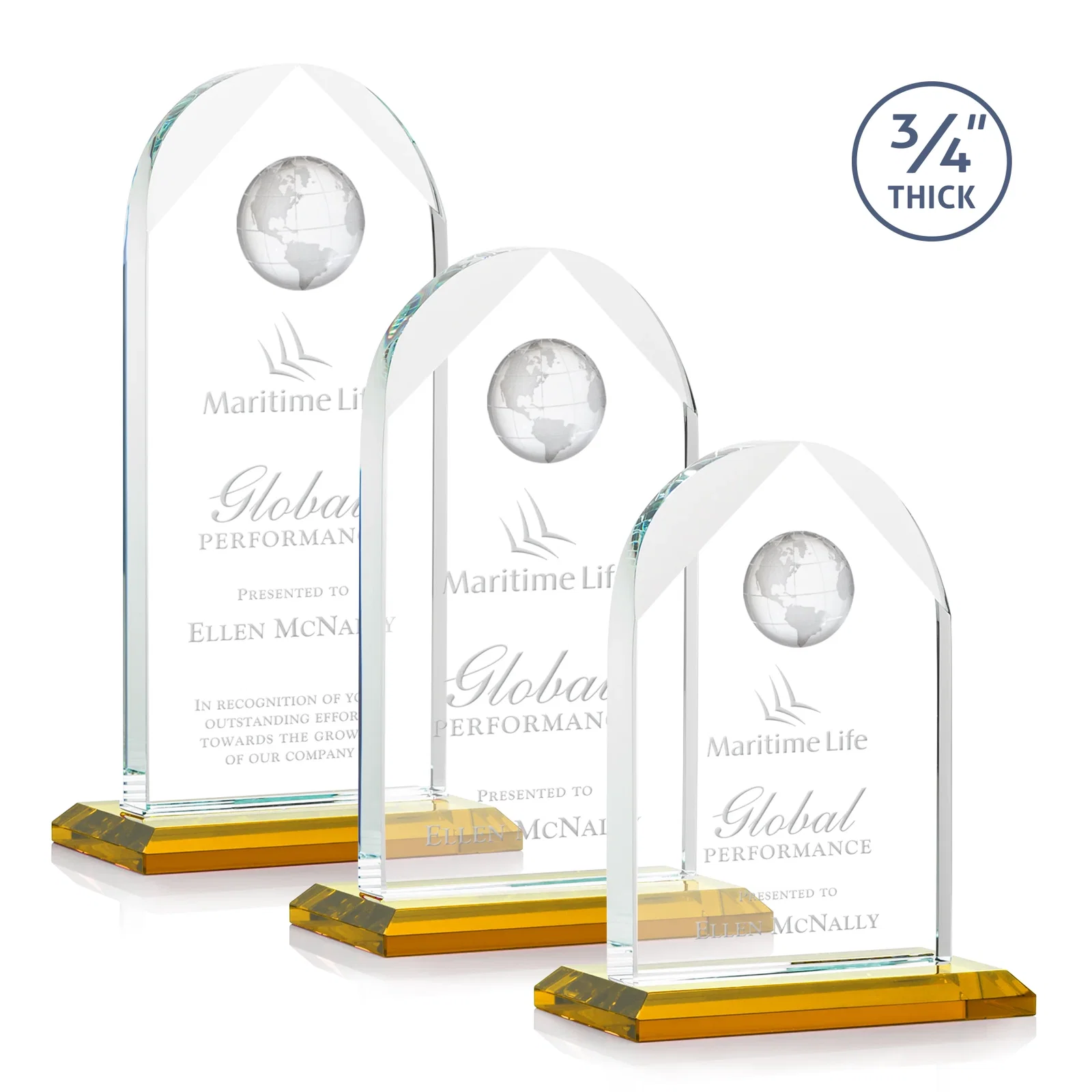 Custom Starfire Crystal Arch Award with Optical Crystal Globe on Top for retirement presentations