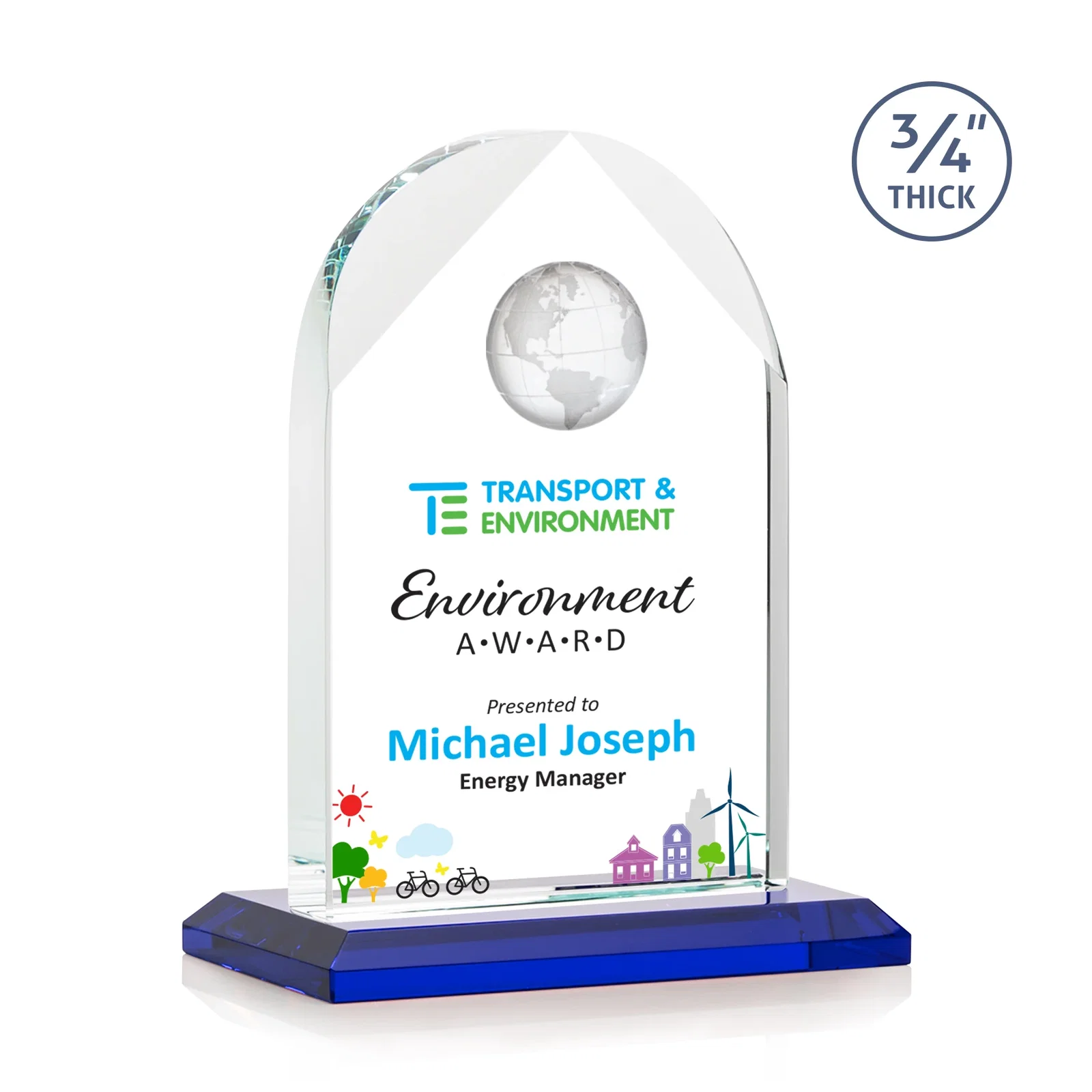 Custom printed Starfire Crystal Arch Award with Optical Crystal Globe on Top for corporate award ceremonies