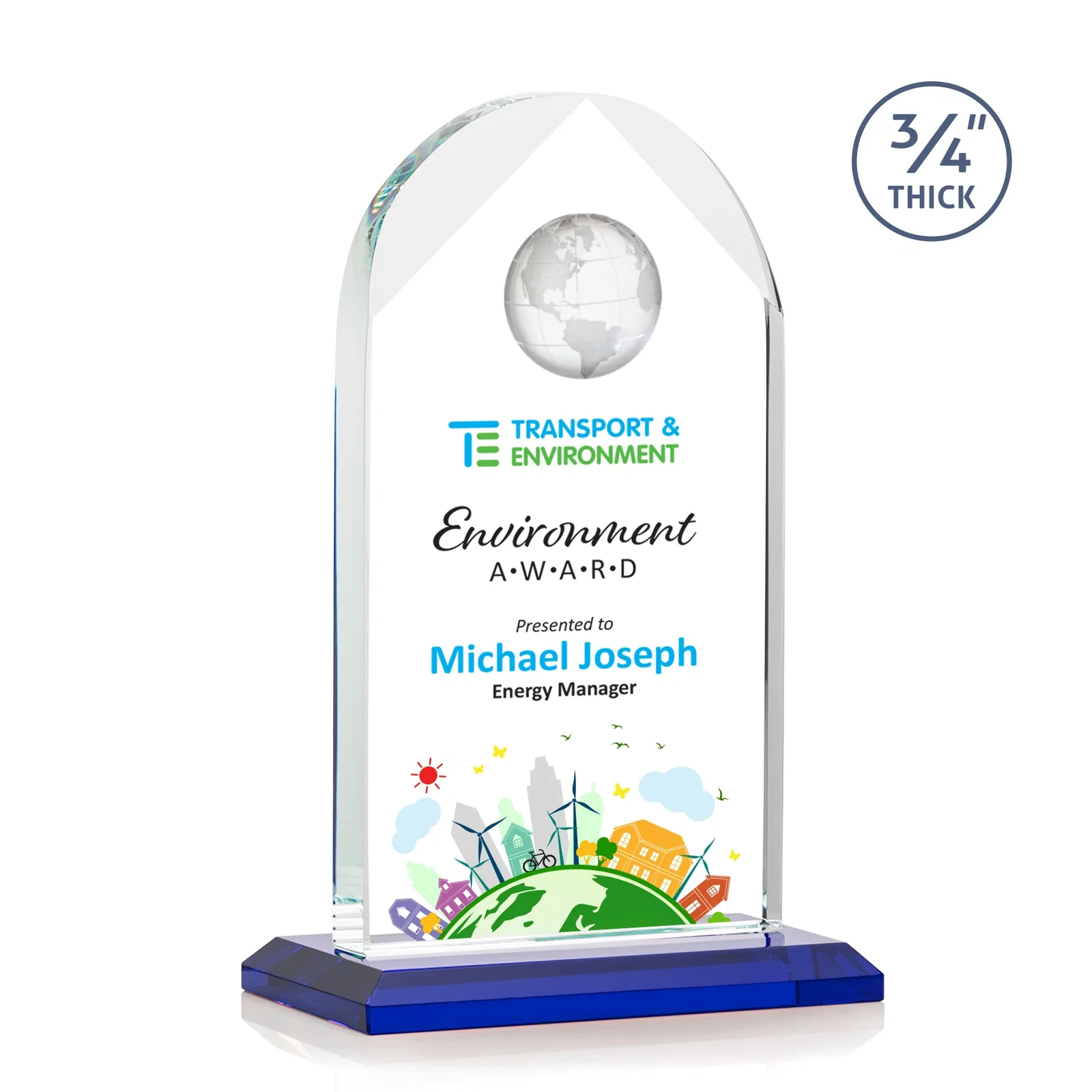 Custom printed Starfire Crystal Arch Award with Optical Crystal Globe on Top for service anniversary gifts