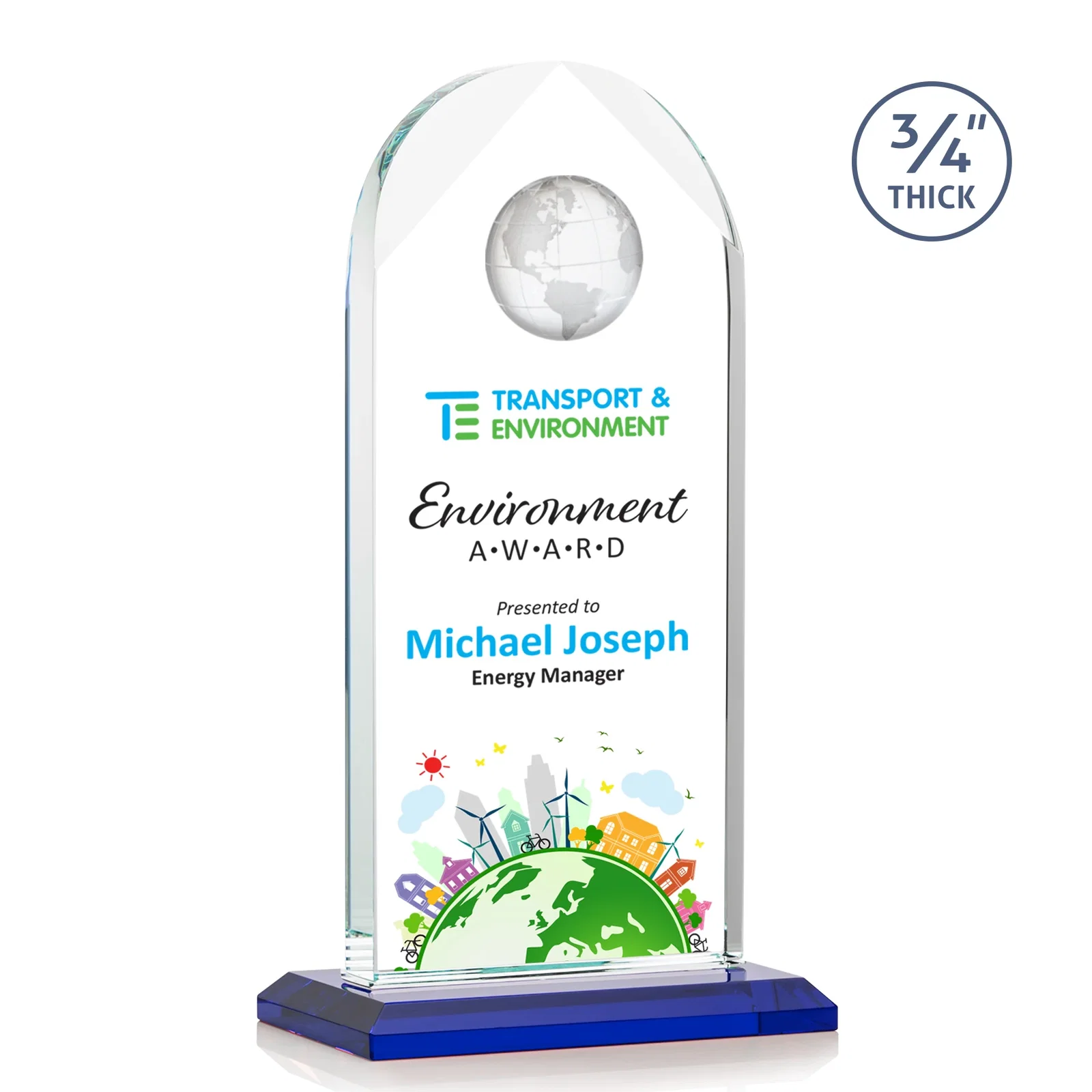 Custom printed Starfire Crystal Arch Award with Optical Crystal Globe on Top for sales achievement awards